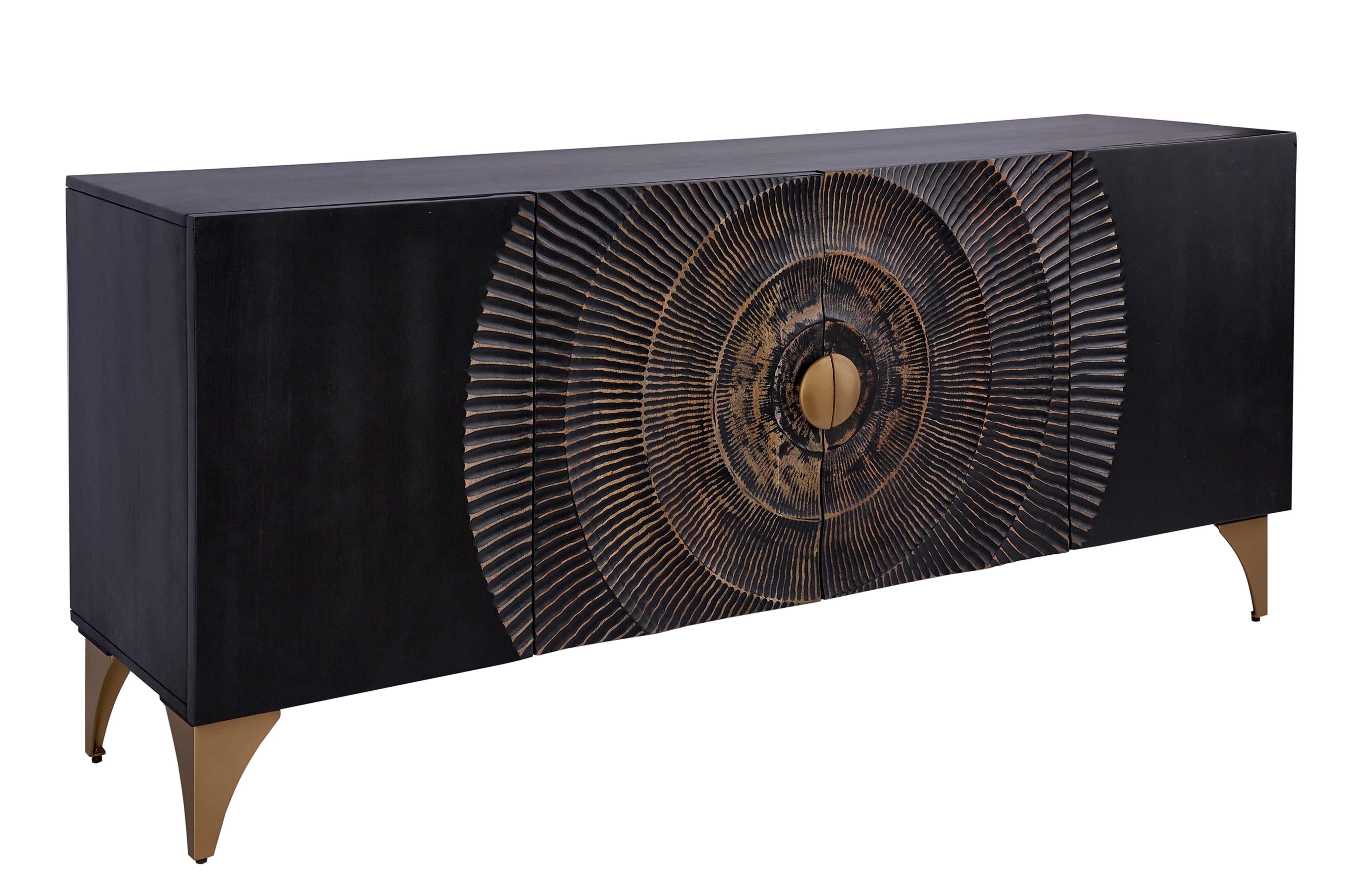 Buffet artisanal GOLDEN SUNSET 180cm noir avec sculptures 3D pieds en métal bois de manguier doré