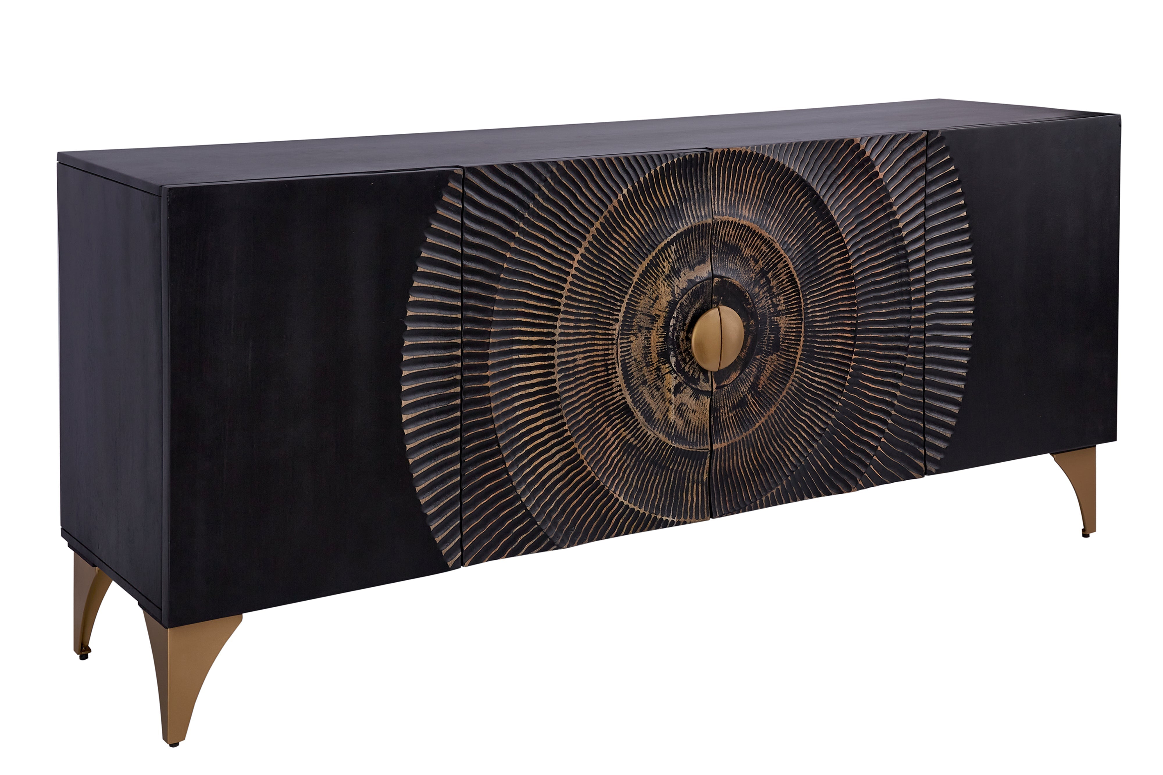 Buffet artisanal GOLDEN SUNSET 180cm noir avec sculptures 3D pieds en métal bois de manguier doré