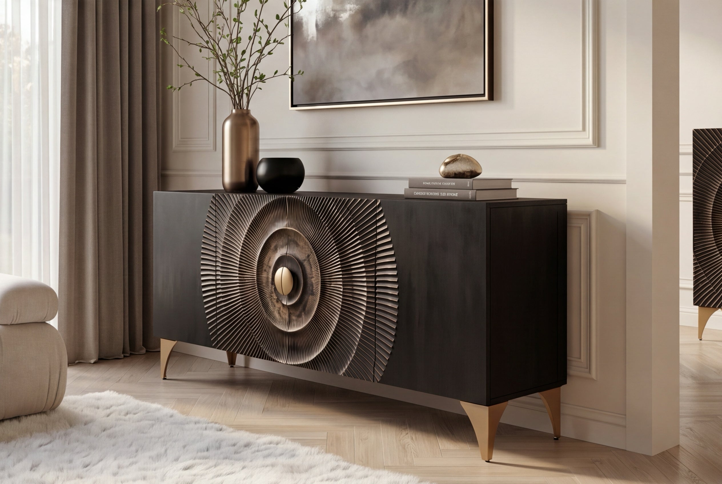 Buffet artisanal GOLDEN SUNSET 180cm noir avec sculptures 3D pieds en métal bois de manguier doré