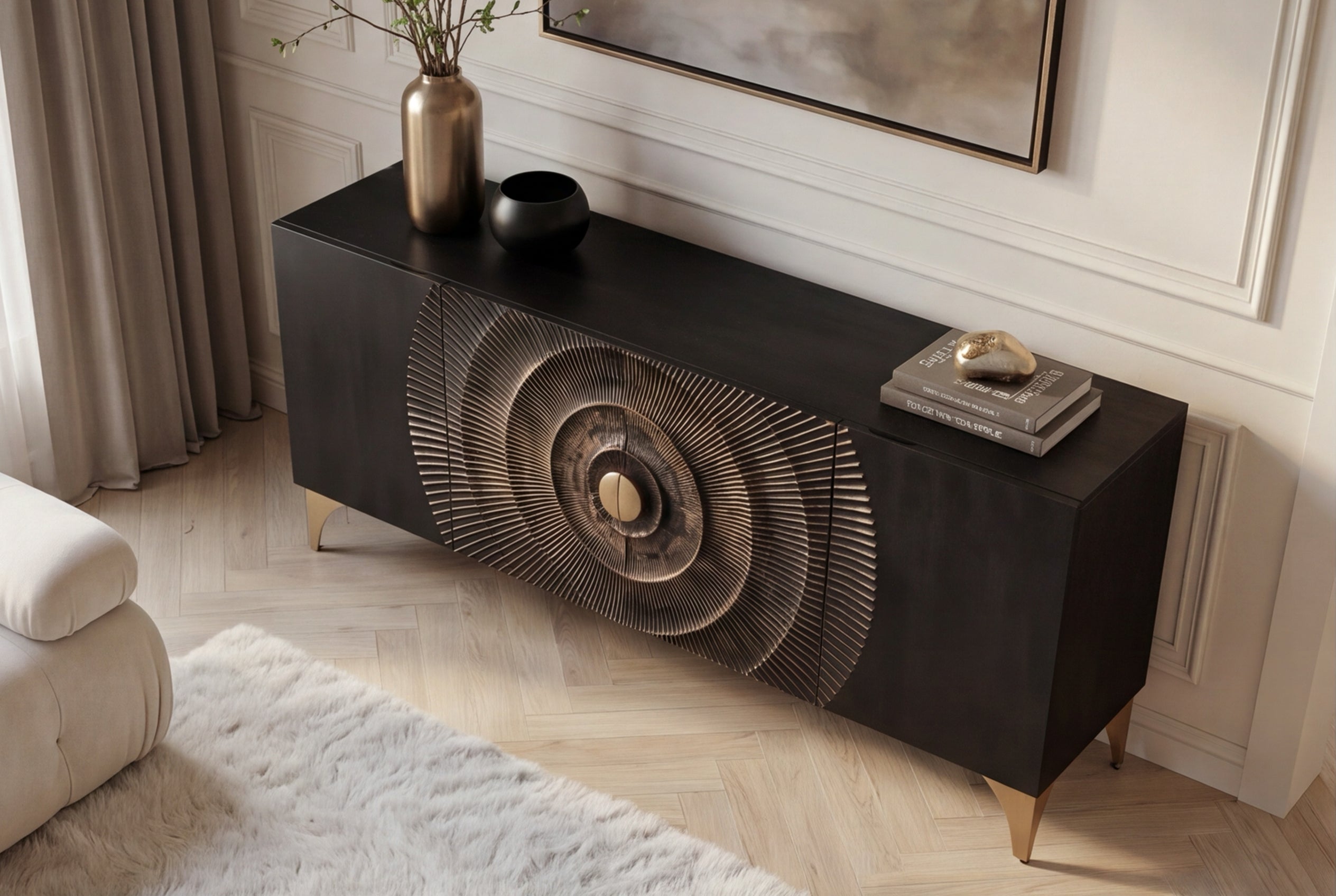 Buffet artisanal GOLDEN SUNSET 180cm noir avec sculptures 3D pieds en métal bois de manguier doré