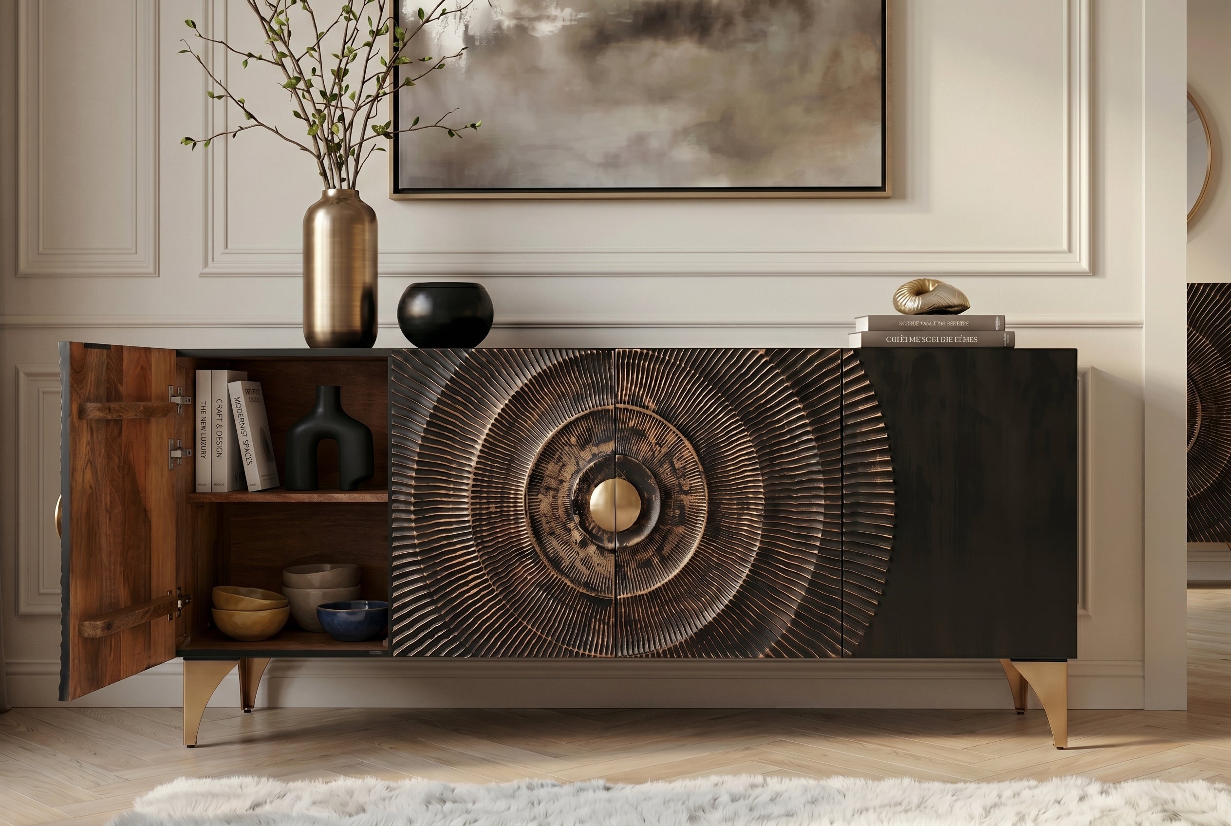 Buffet artisanal GOLDEN SUNSET 180cm noir avec sculptures 3D pieds en métal bois de manguier doré