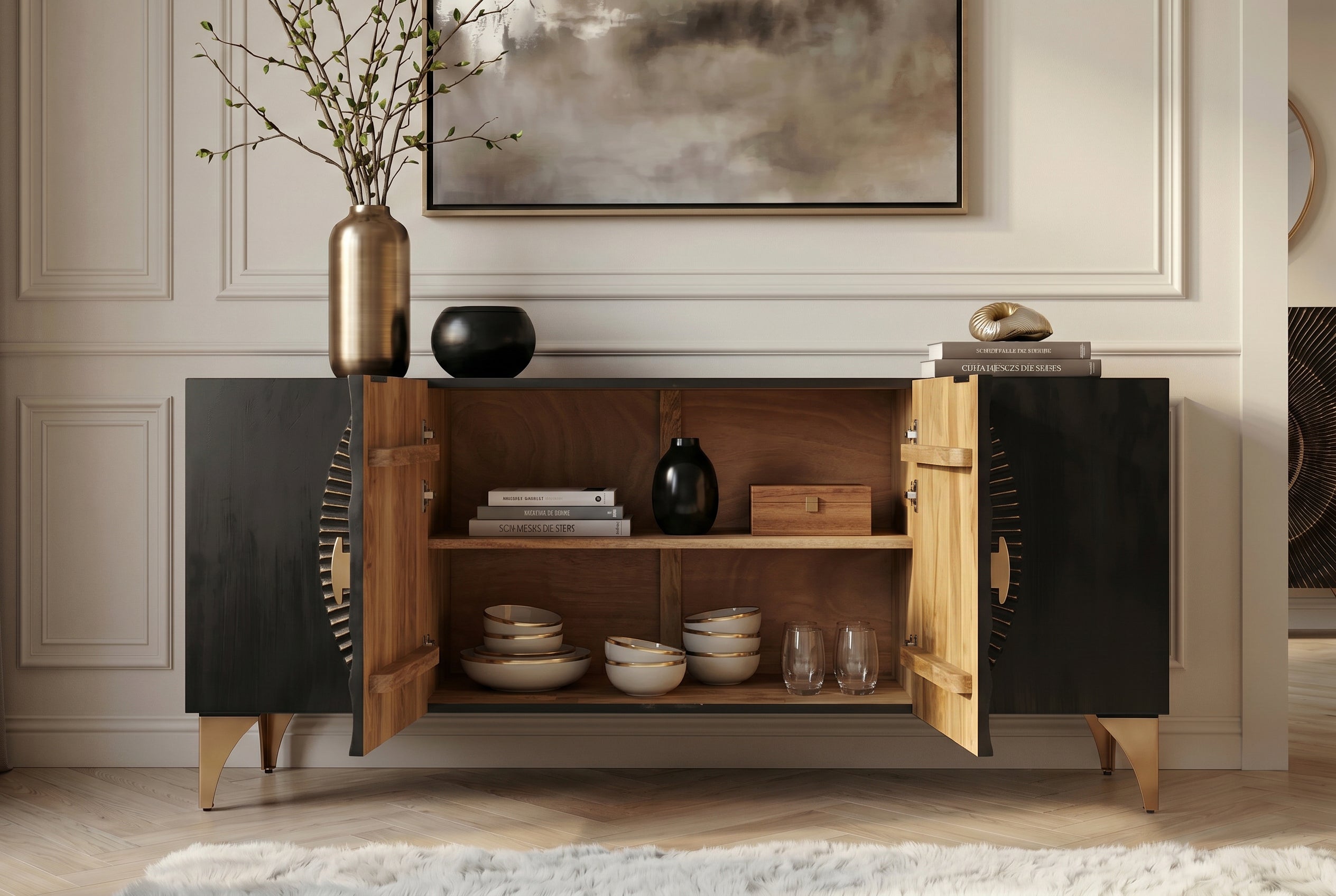 Buffet artisanal GOLDEN SUNSET 180cm noir avec sculptures 3D pieds en métal bois de manguier doré