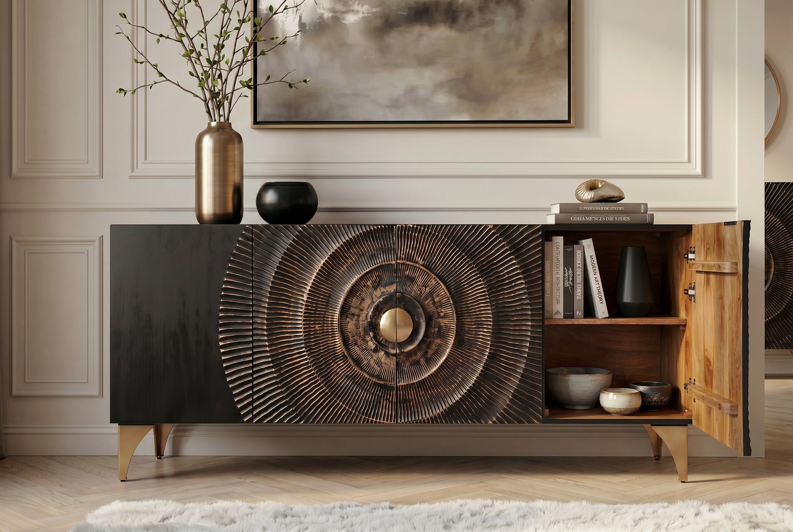 Buffet artisanal GOLDEN SUNSET 180cm noir avec sculptures 3D pieds en métal bois de manguier doré