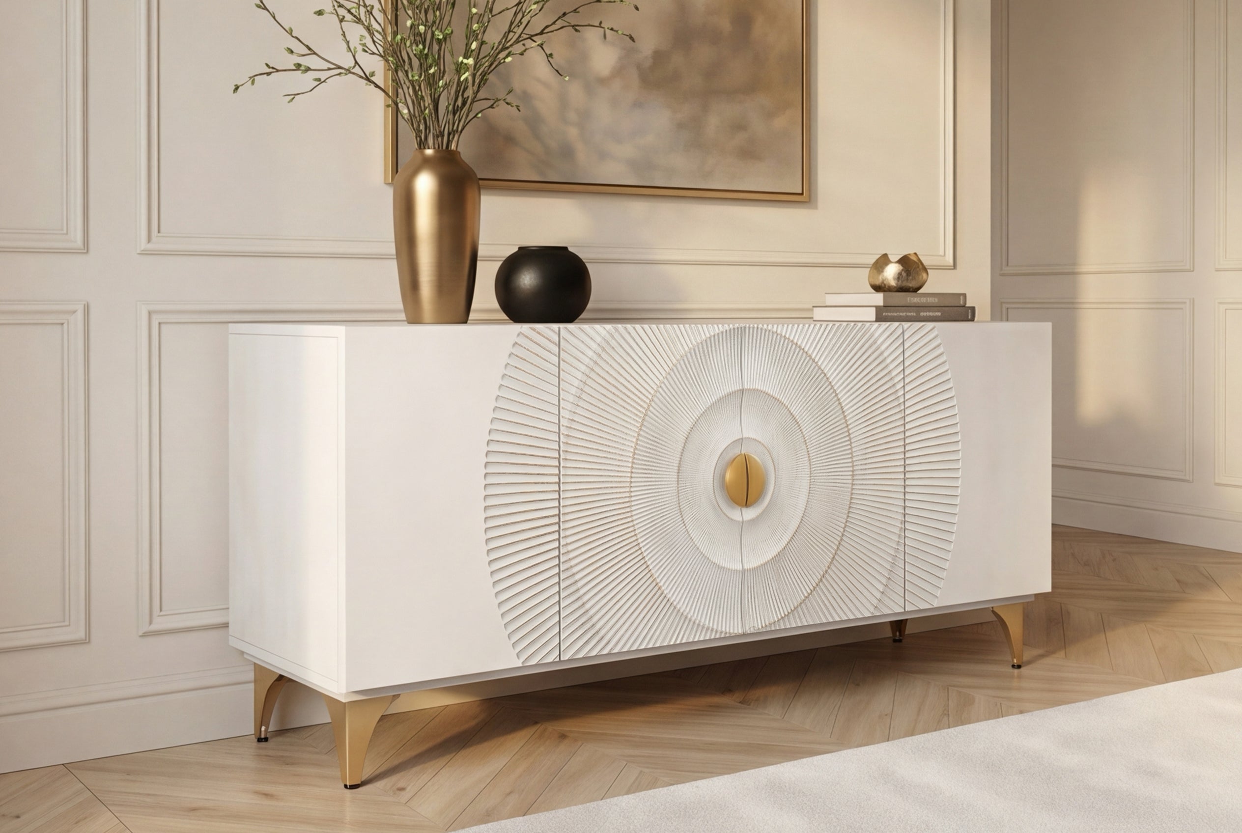 Buffet artisanal GOLDEN SUNSET 180cm pieds métal bois de manguier or blanc