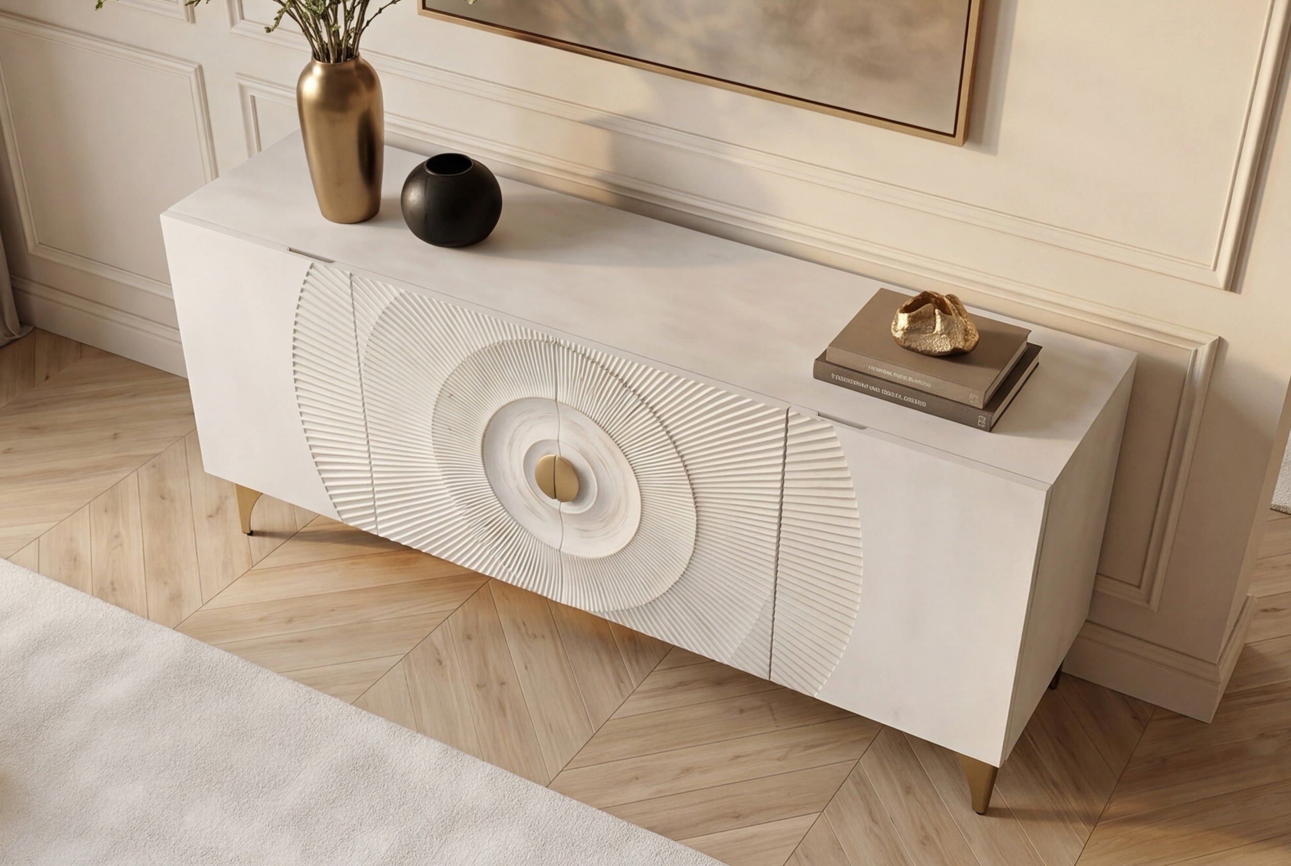 Buffet artisanal GOLDEN SUNSET 180cm pieds métal bois de manguier or blanc