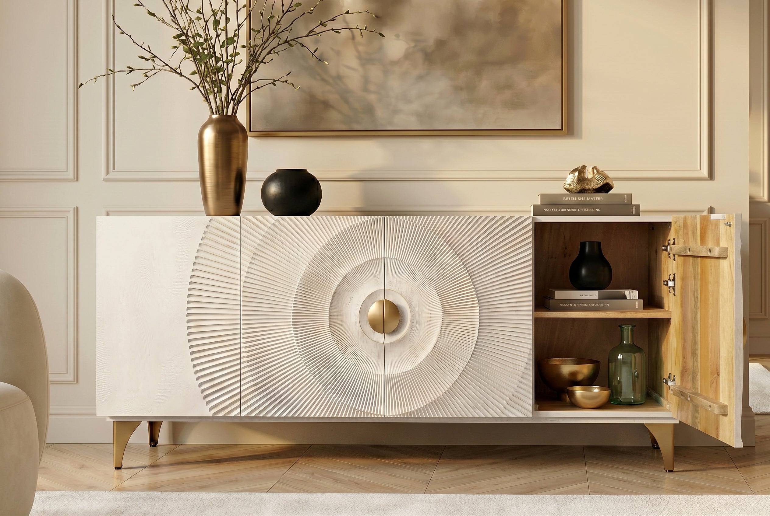 Buffet artisanal GOLDEN SUNSET 180cm pieds métal bois de manguier or blanc