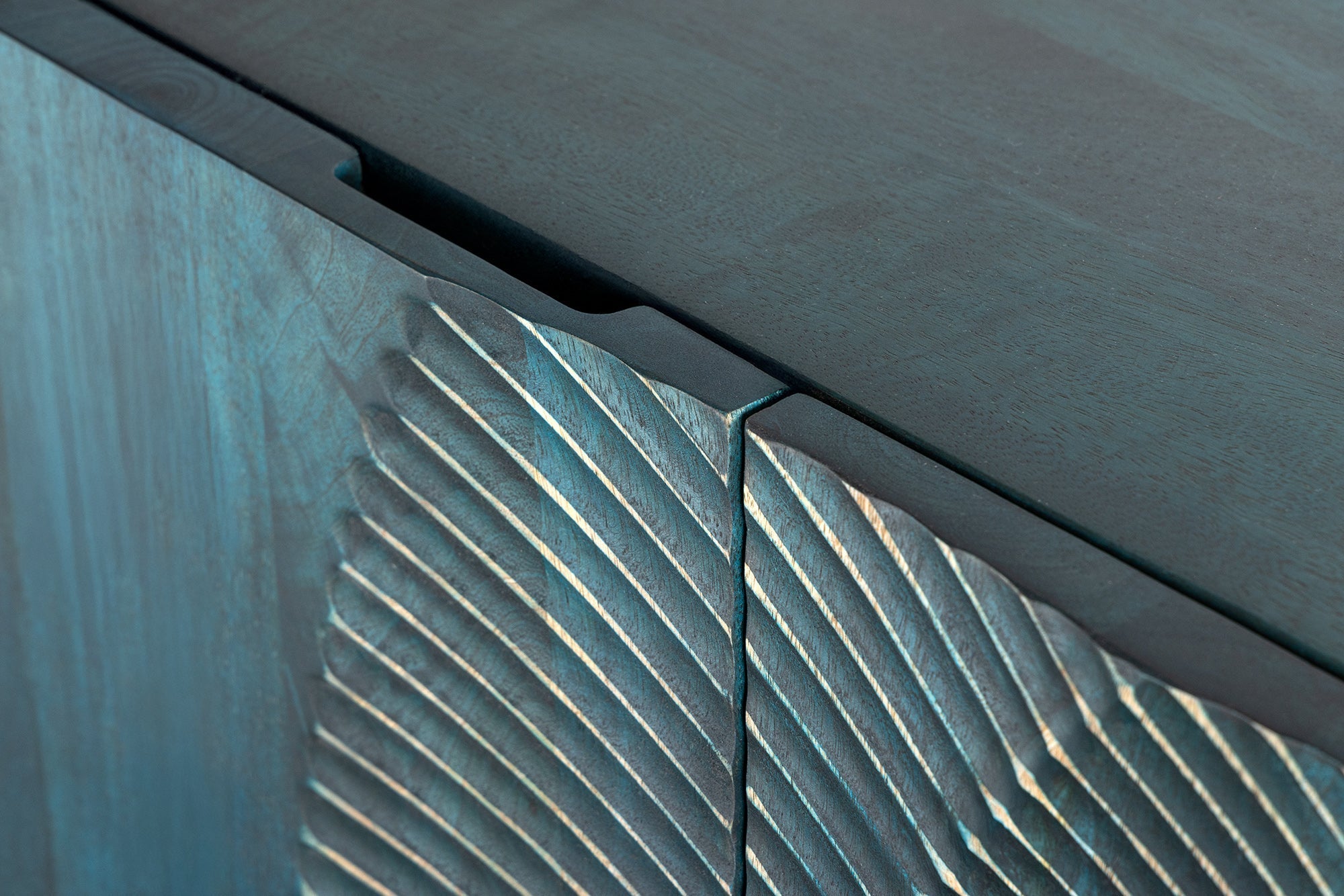 Buffet artisanal GOLDEN SUNSET 180cm turquoise doré pieds métal bois de manguier