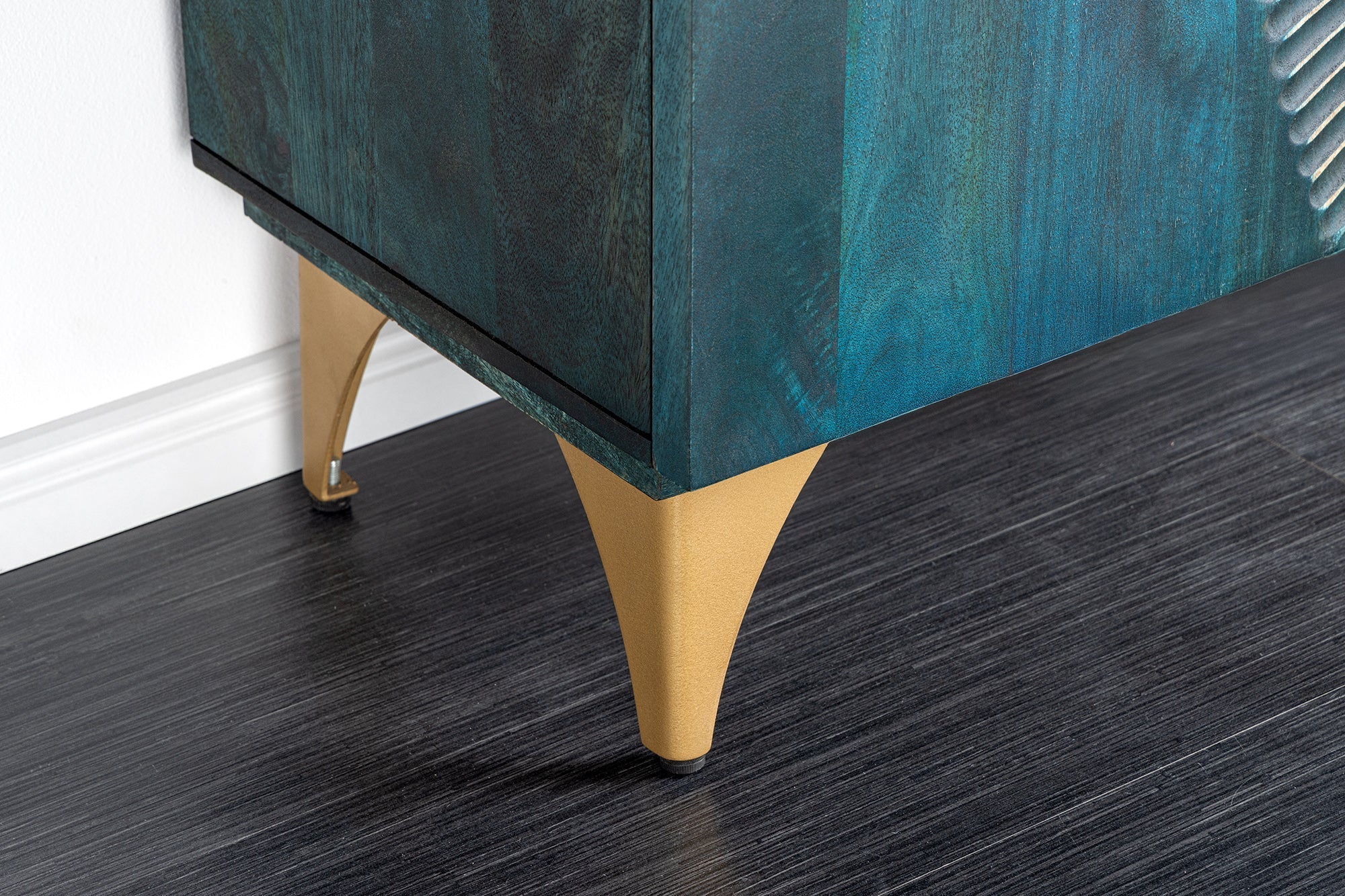 Buffet artisanal GOLDEN SUNSET 180cm turquoise doré pieds métal bois de manguier