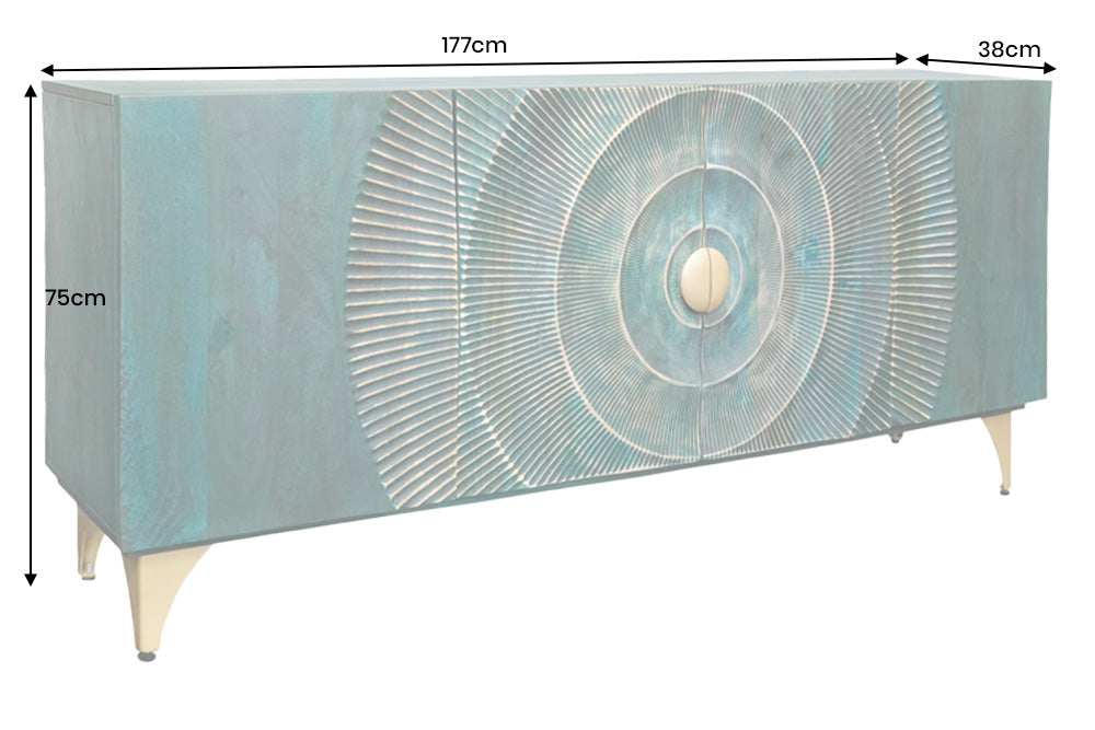 Buffet artisanal GOLDEN SUNSET 180cm turquoise doré pieds métal bois de manguier