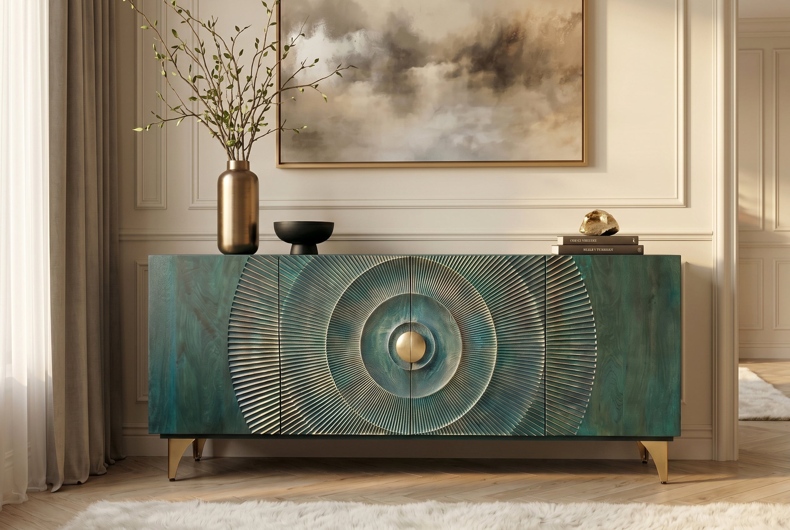 Buffet artisanal GOLDEN SUNSET 180cm turquoise doré pieds métal bois de manguier