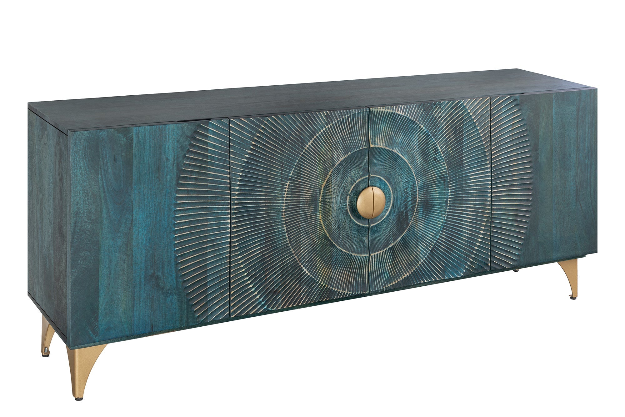 Buffet artisanal GOLDEN SUNSET 180cm turquoise doré pieds métal bois de manguier