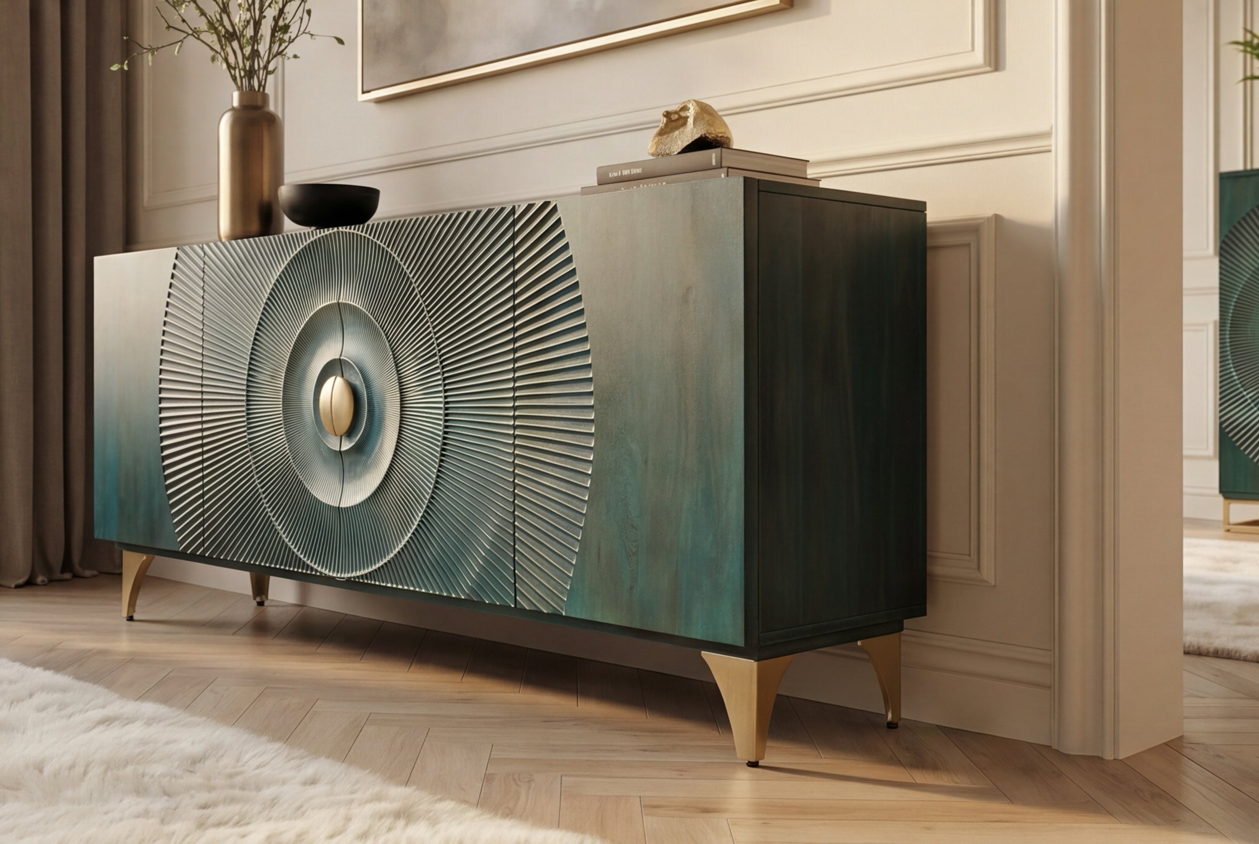 Buffet artisanal GOLDEN SUNSET 180cm turquoise doré pieds métal bois de manguier