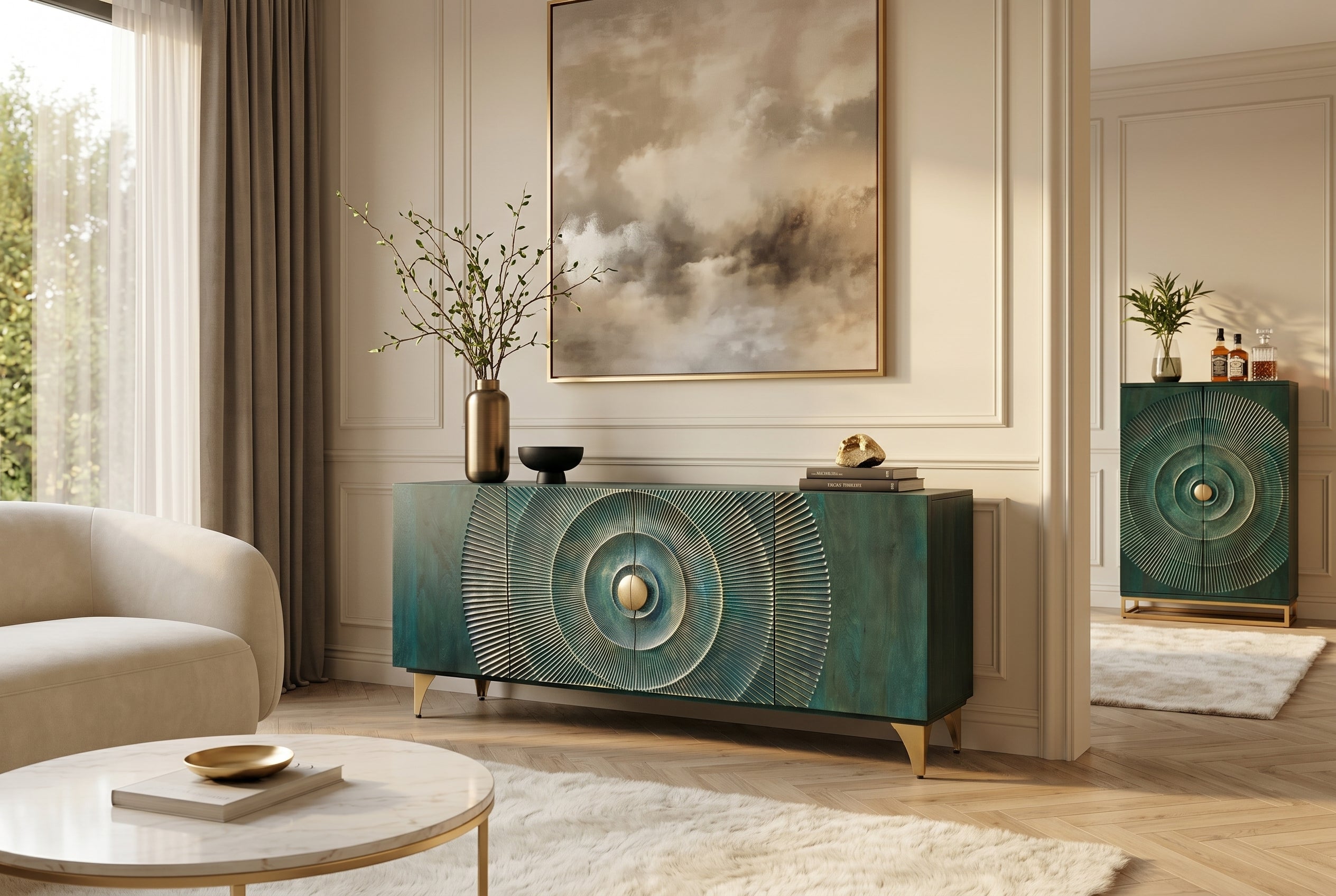 Buffet artisanal GOLDEN SUNSET 180cm turquoise doré pieds métal bois de manguier