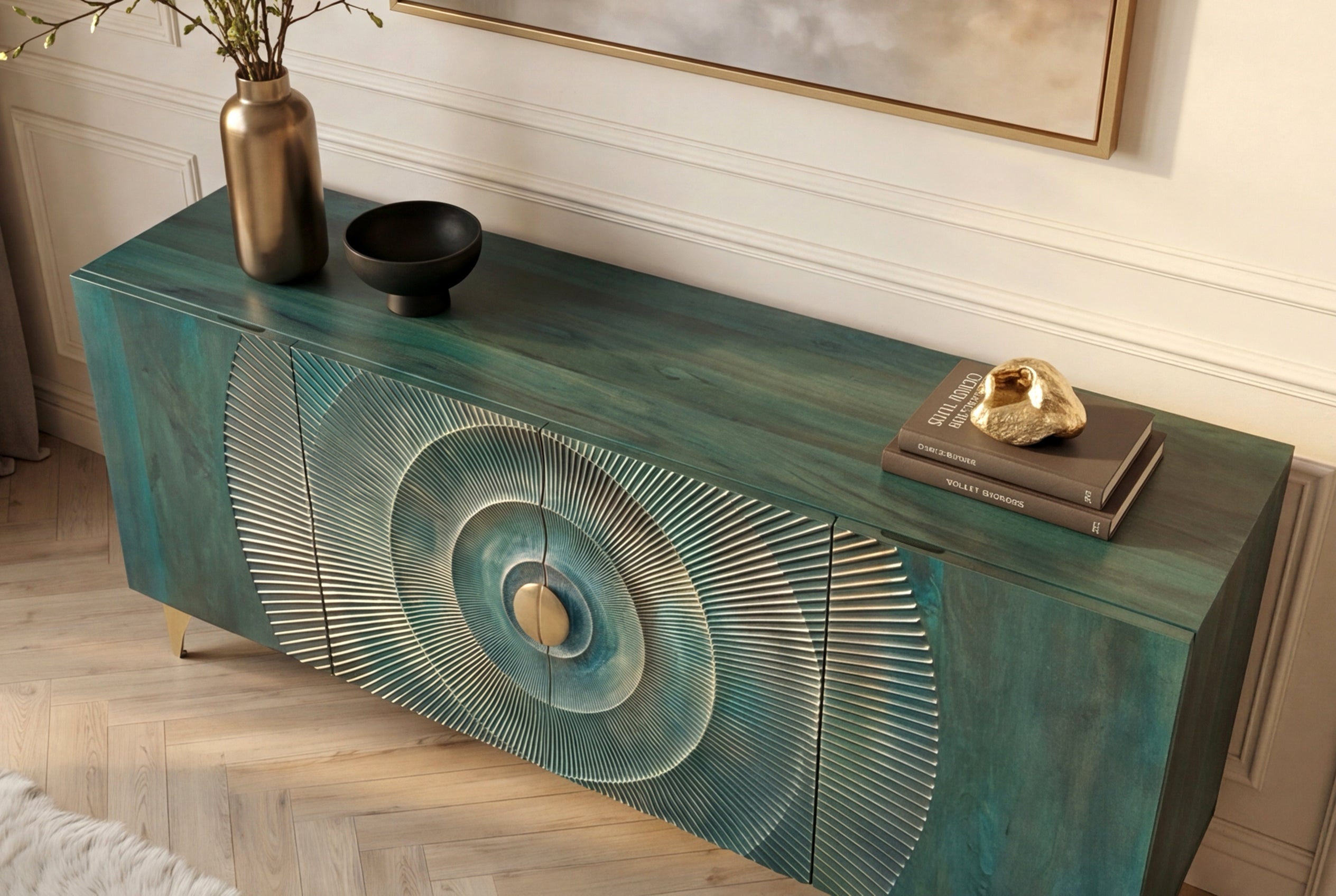 Buffet artisanal GOLDEN SUNSET 180cm turquoise doré pieds métal bois de manguier