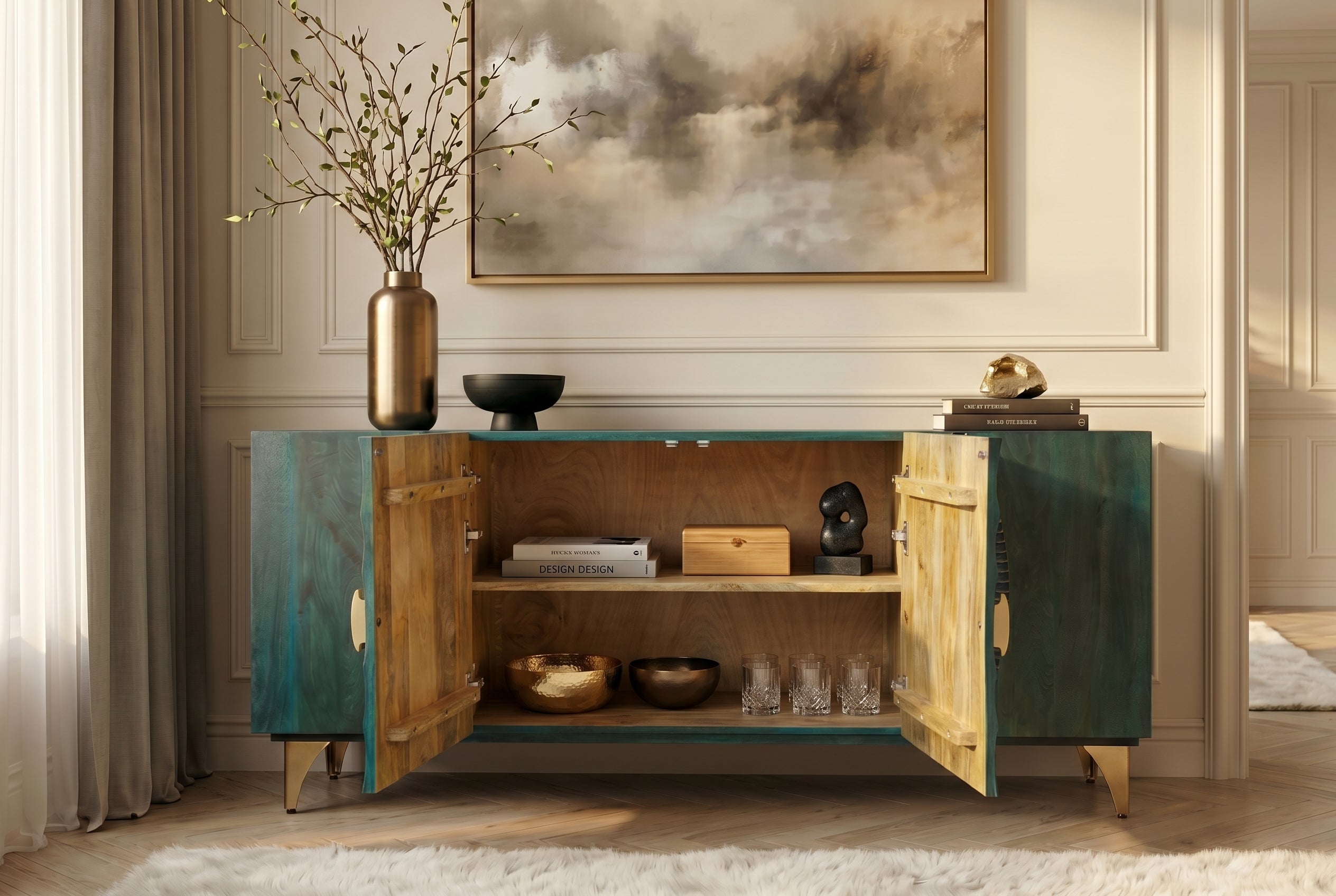 Buffet artisanal GOLDEN SUNSET 180cm turquoise doré pieds métal bois de manguier