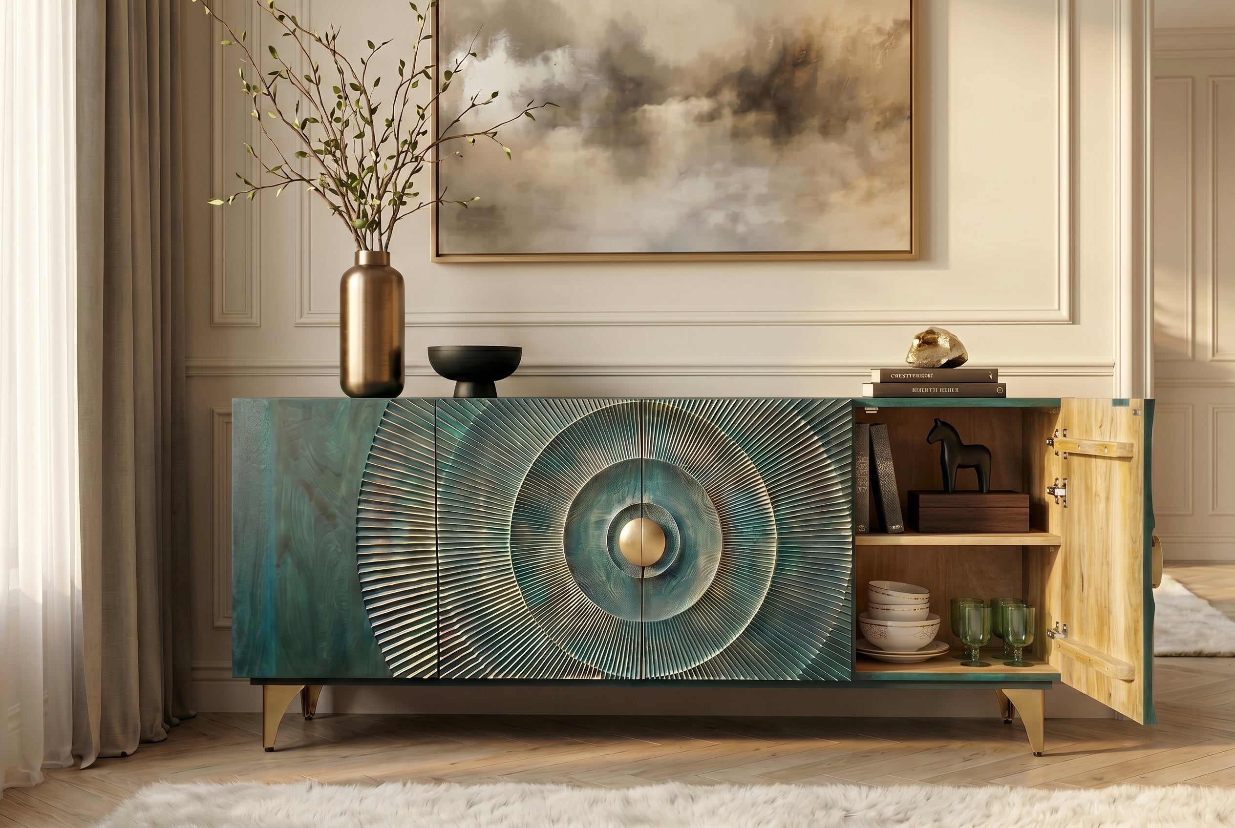 Buffet artisanal GOLDEN SUNSET 180cm turquoise doré pieds métal bois de manguier