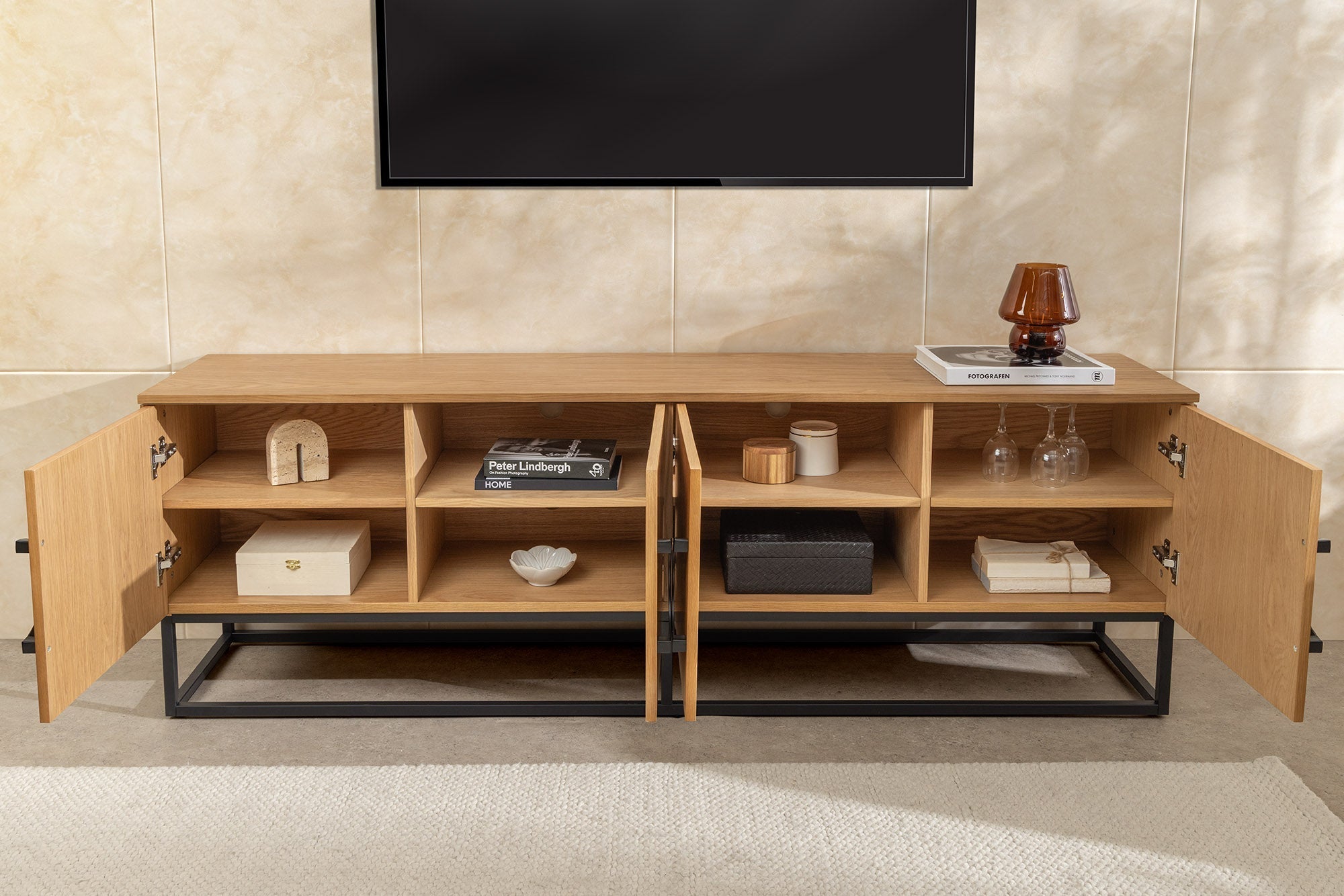 Buffet bas industriel GRANDEZZA 180cm chêne naturel meuble TV métal noir