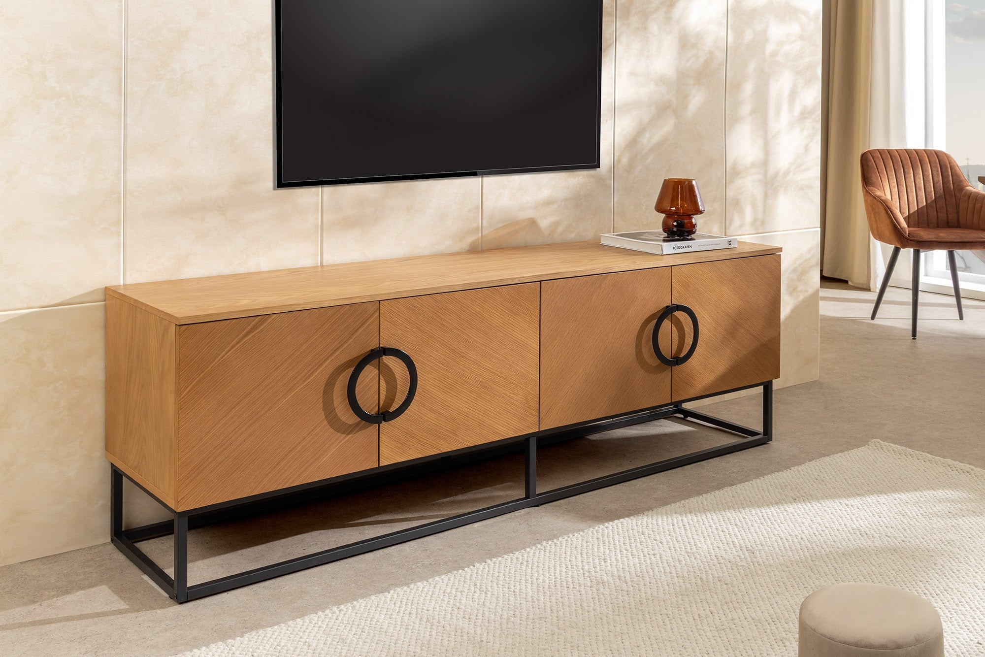 Buffet bas industriel GRANDEZZA 180cm chêne naturel meuble TV métal noir