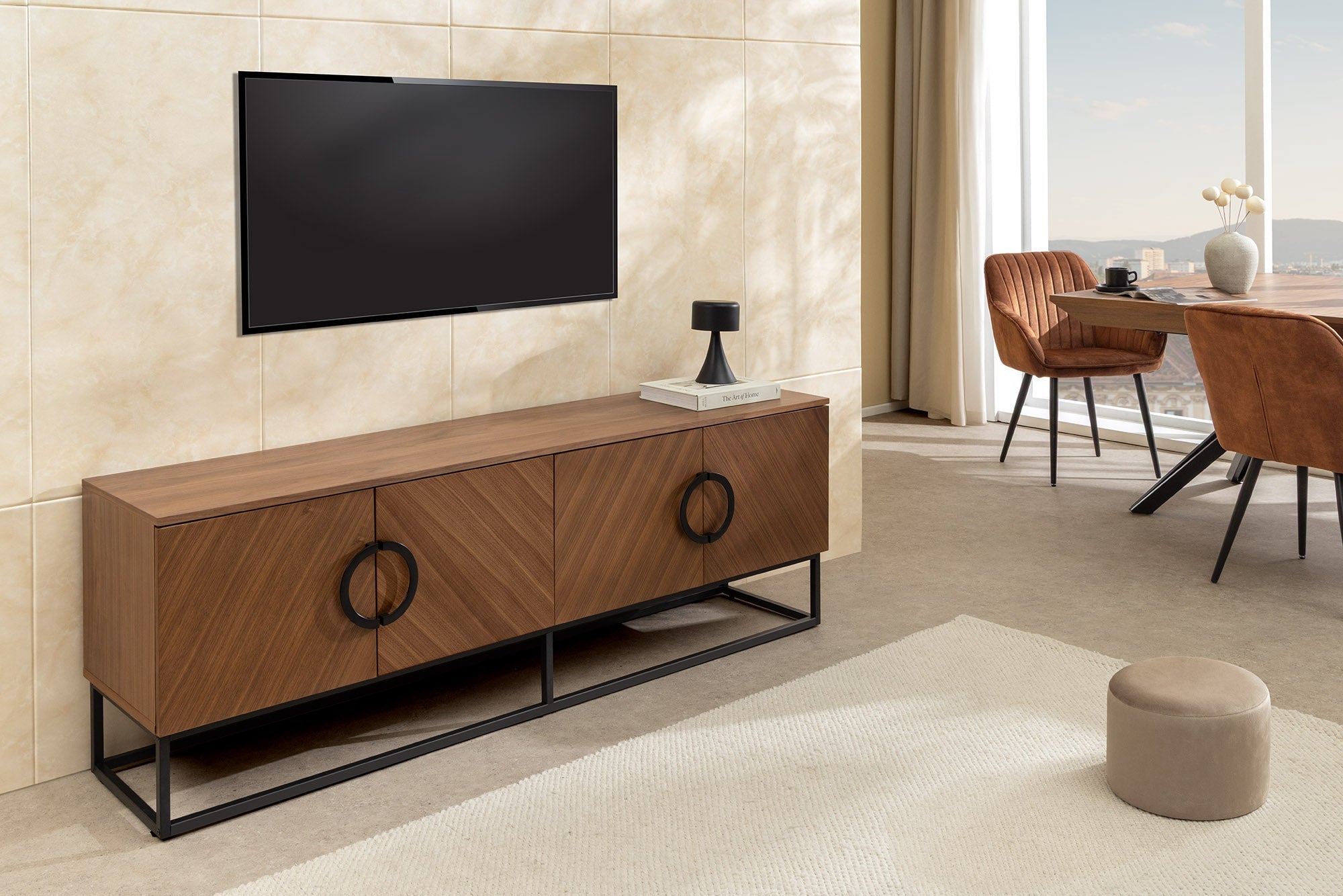 Buffet bas industriel GRANDEZZA 180cm noyer naturel meuble TV métal noir