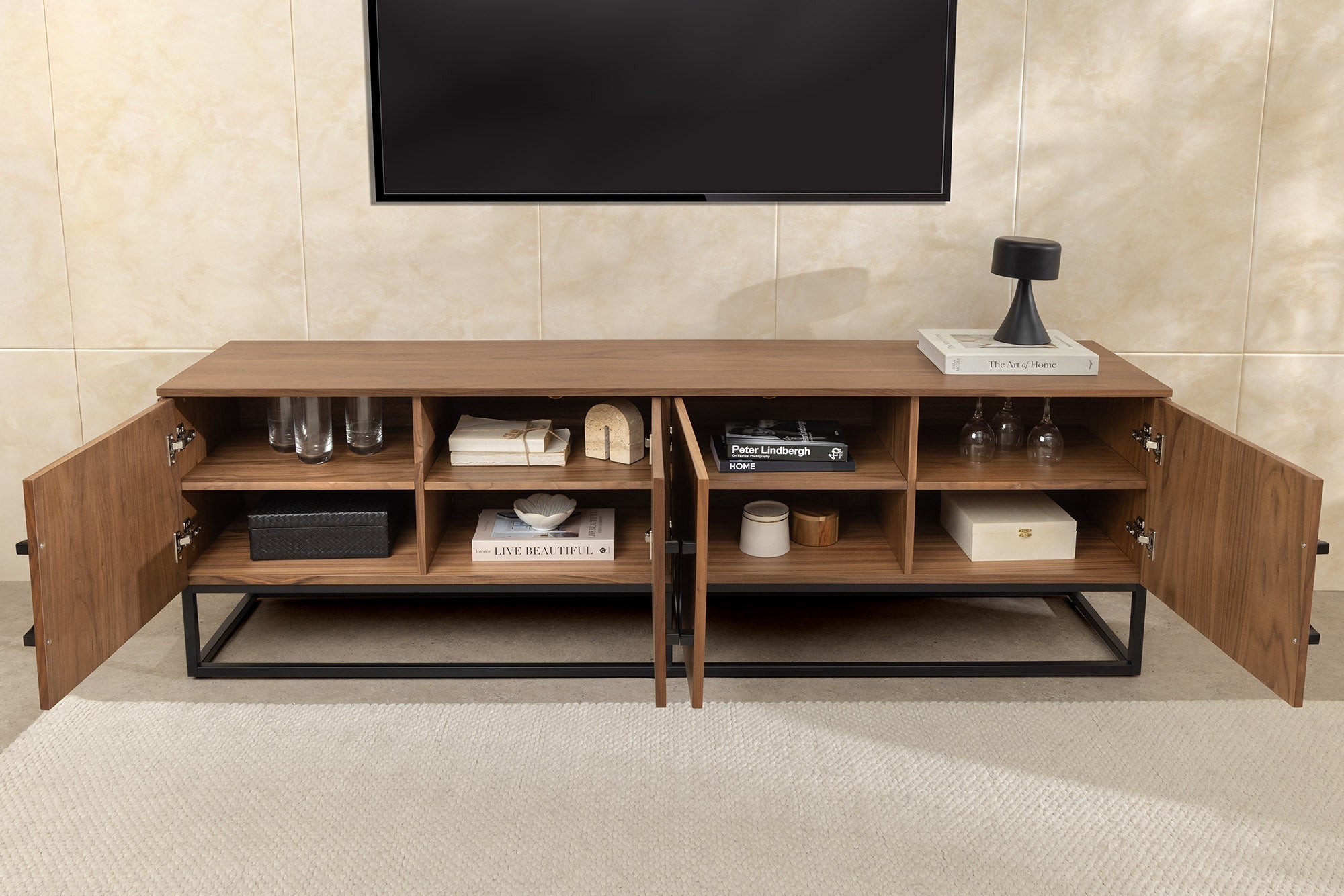 Buffet bas industriel GRANDEZZA 180cm noyer naturel meuble TV métal noir