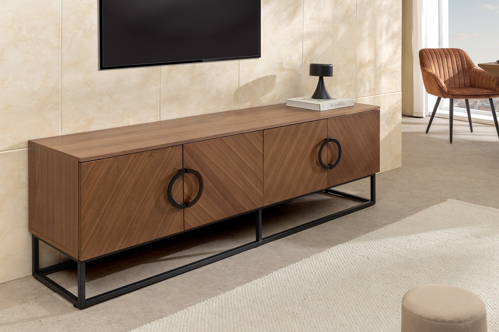 Buffet bas industriel GRANDEZZA 180cm noyer naturel meuble TV métal noir