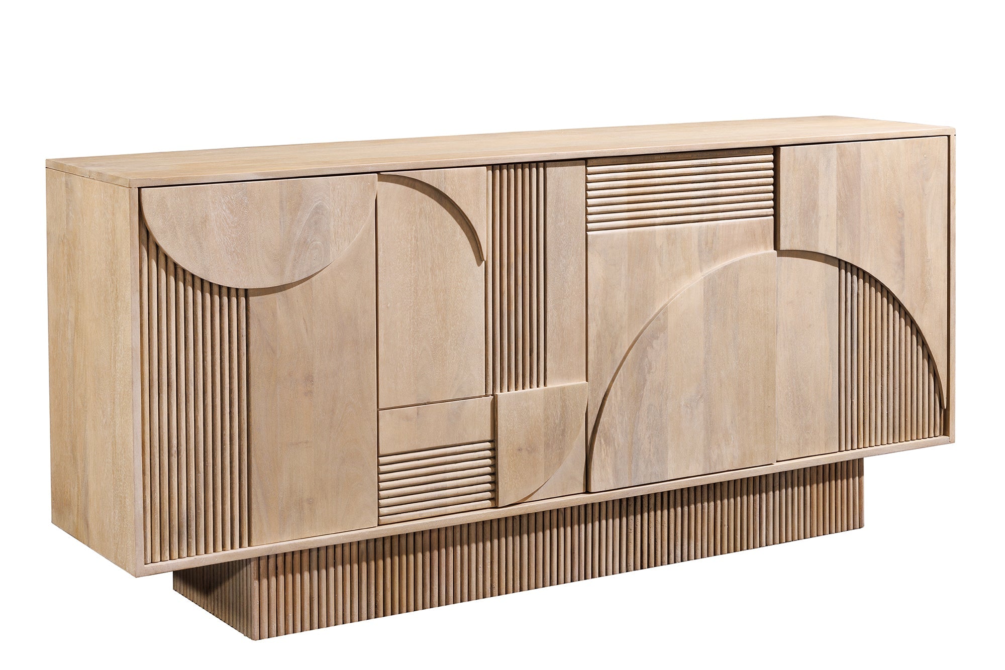 Buffet design ART DECO 170cm en manguier massif cérusé blanc façade 3D