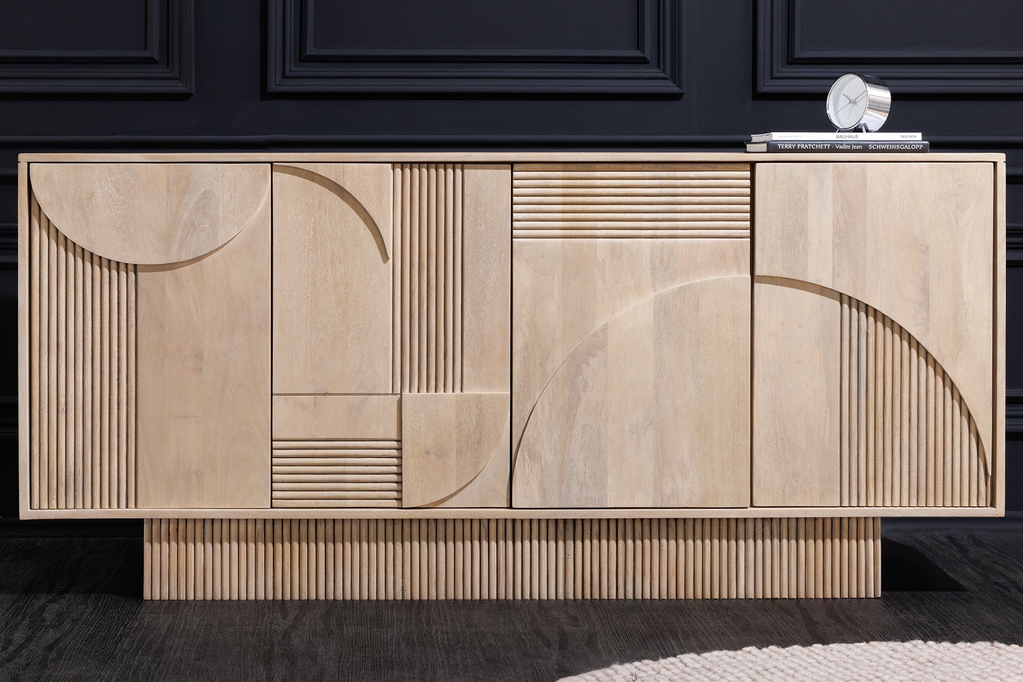 Buffet design ART DECO 170cm en manguier massif cérusé blanc façade 3D