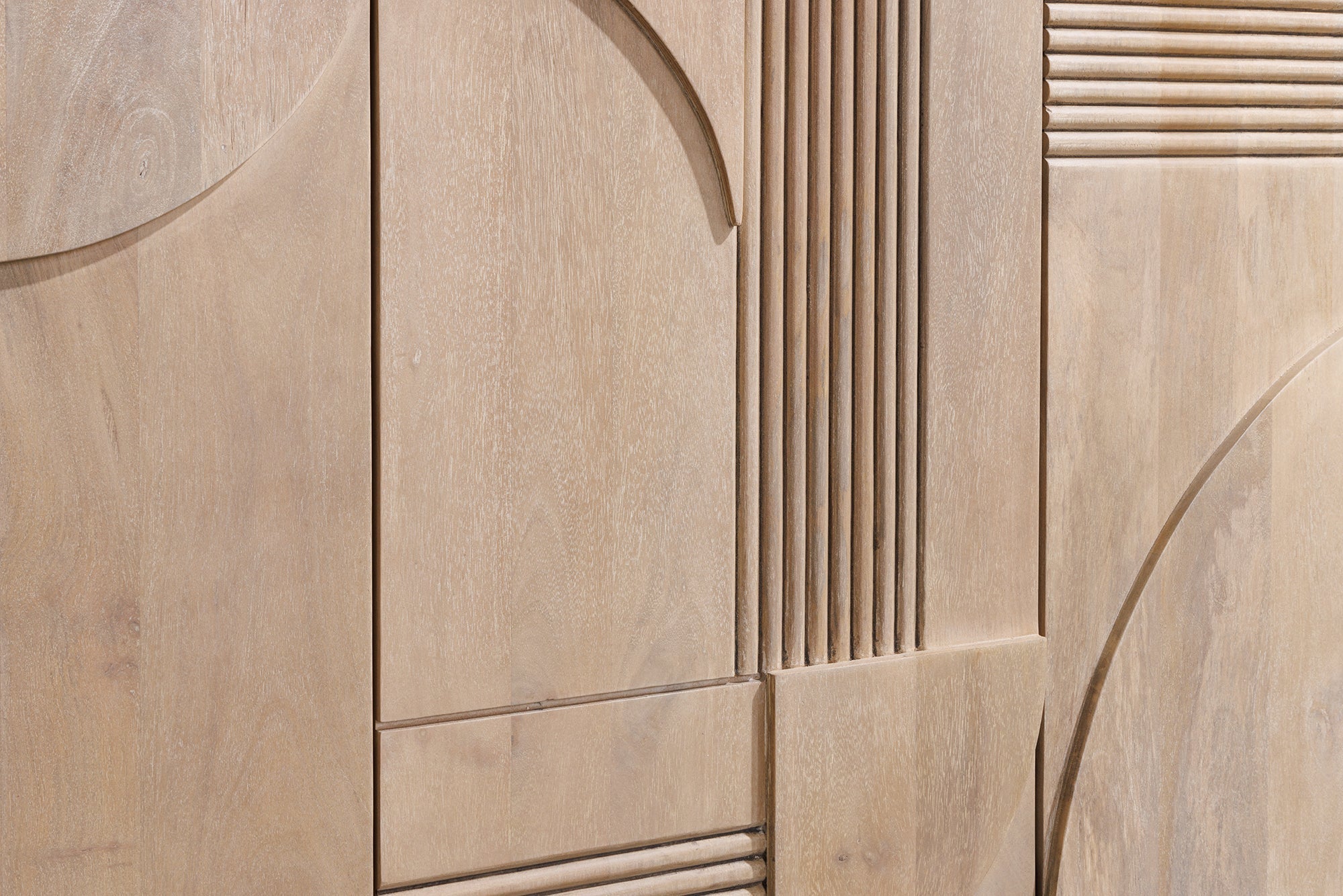 Buffet design ART DECO 170cm en manguier massif cérusé blanc façade 3D