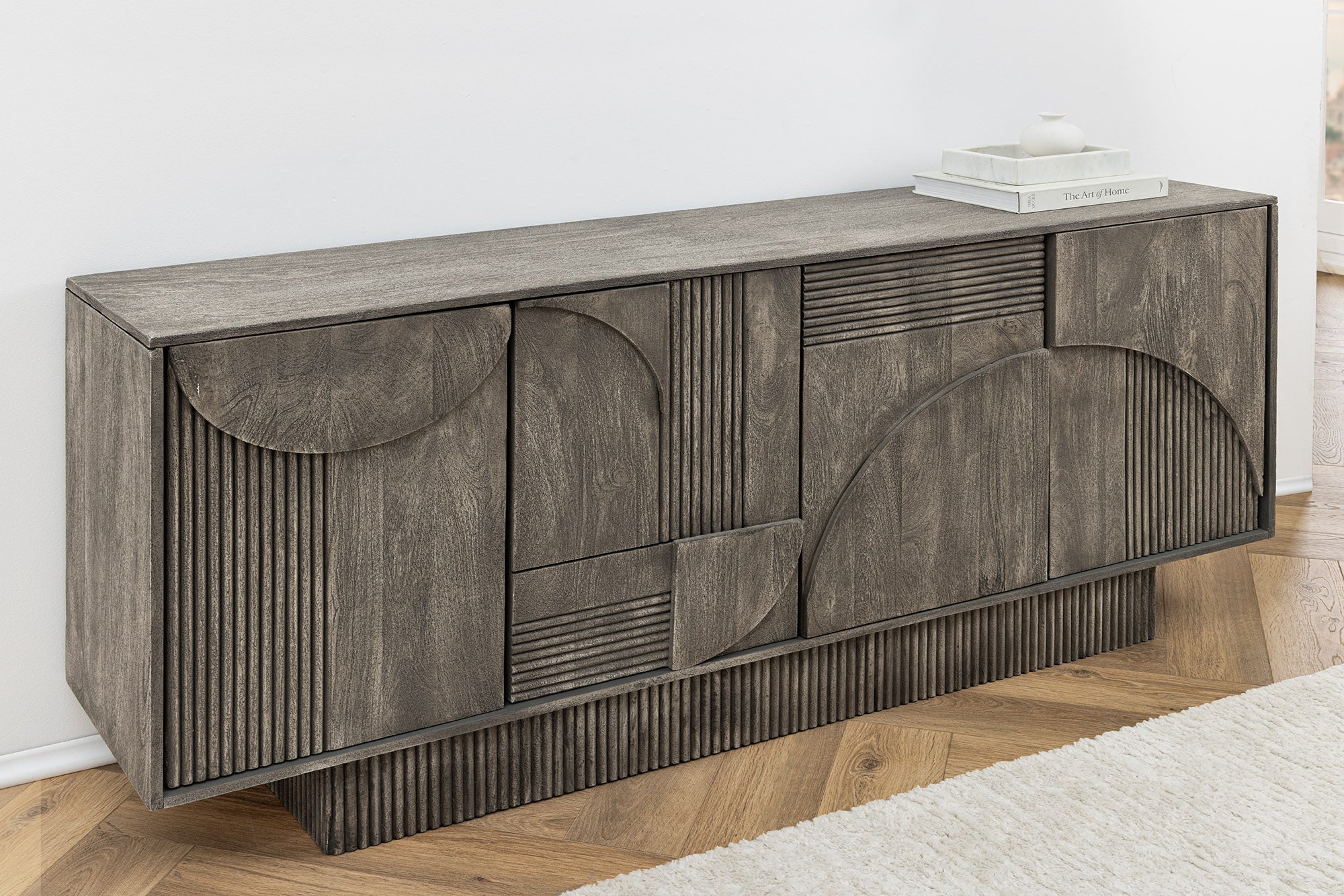 Buffet design ART DECO 170cm gris fumé en manguier massif façade 3D