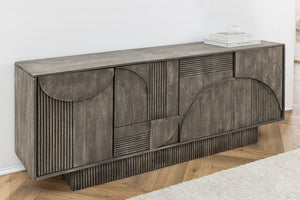 Buffet design ART DECO 170cm gris fumé en manguier massif façade 3D