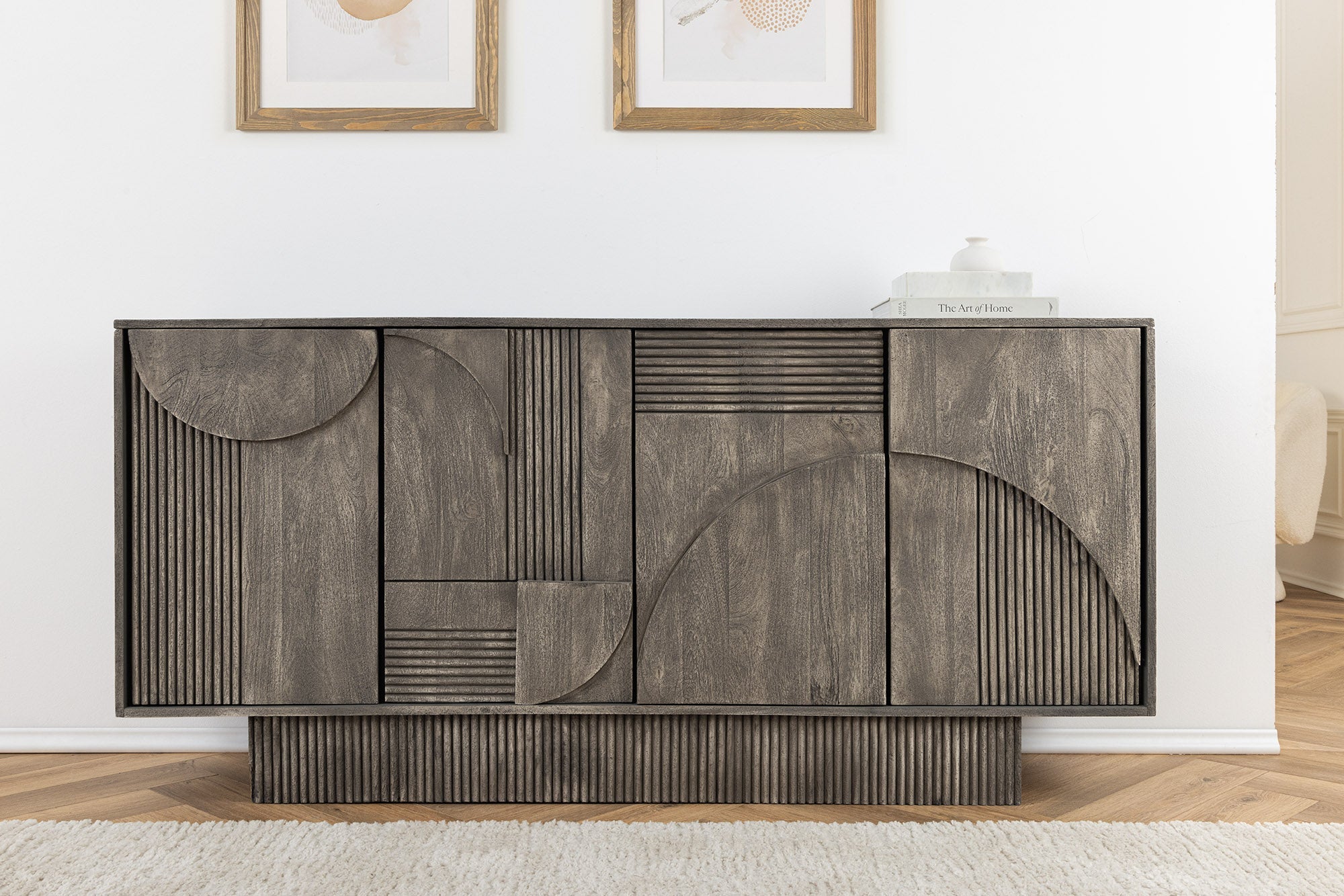 Buffet design ART DECO 170cm gris fumé en manguier massif façade 3D