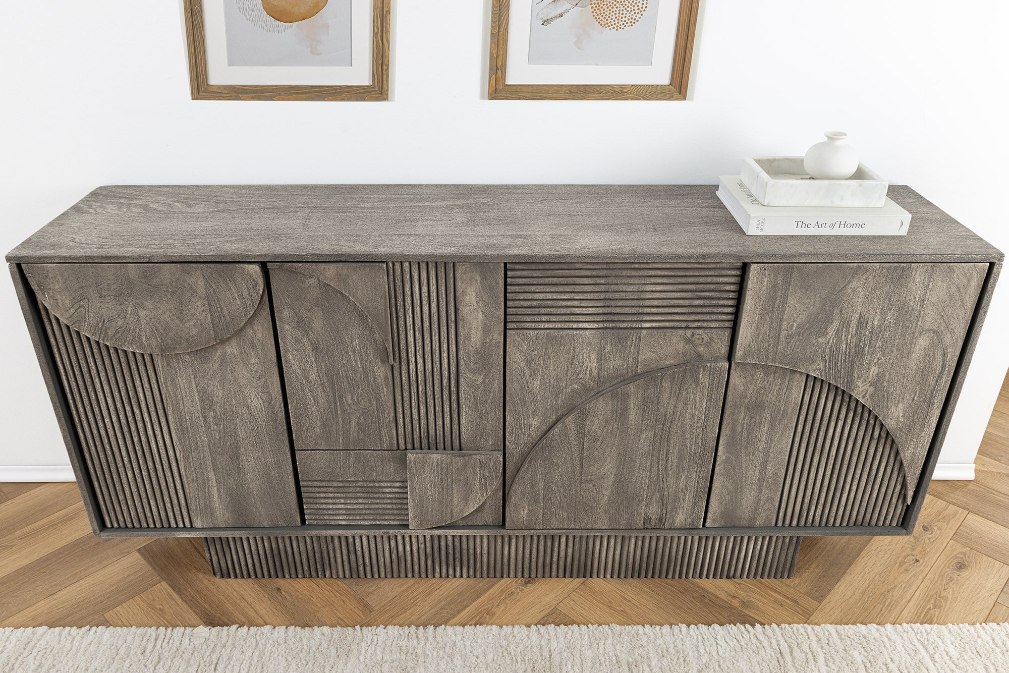 Buffet design ART DECO 170cm gris fumé en manguier massif façade 3D