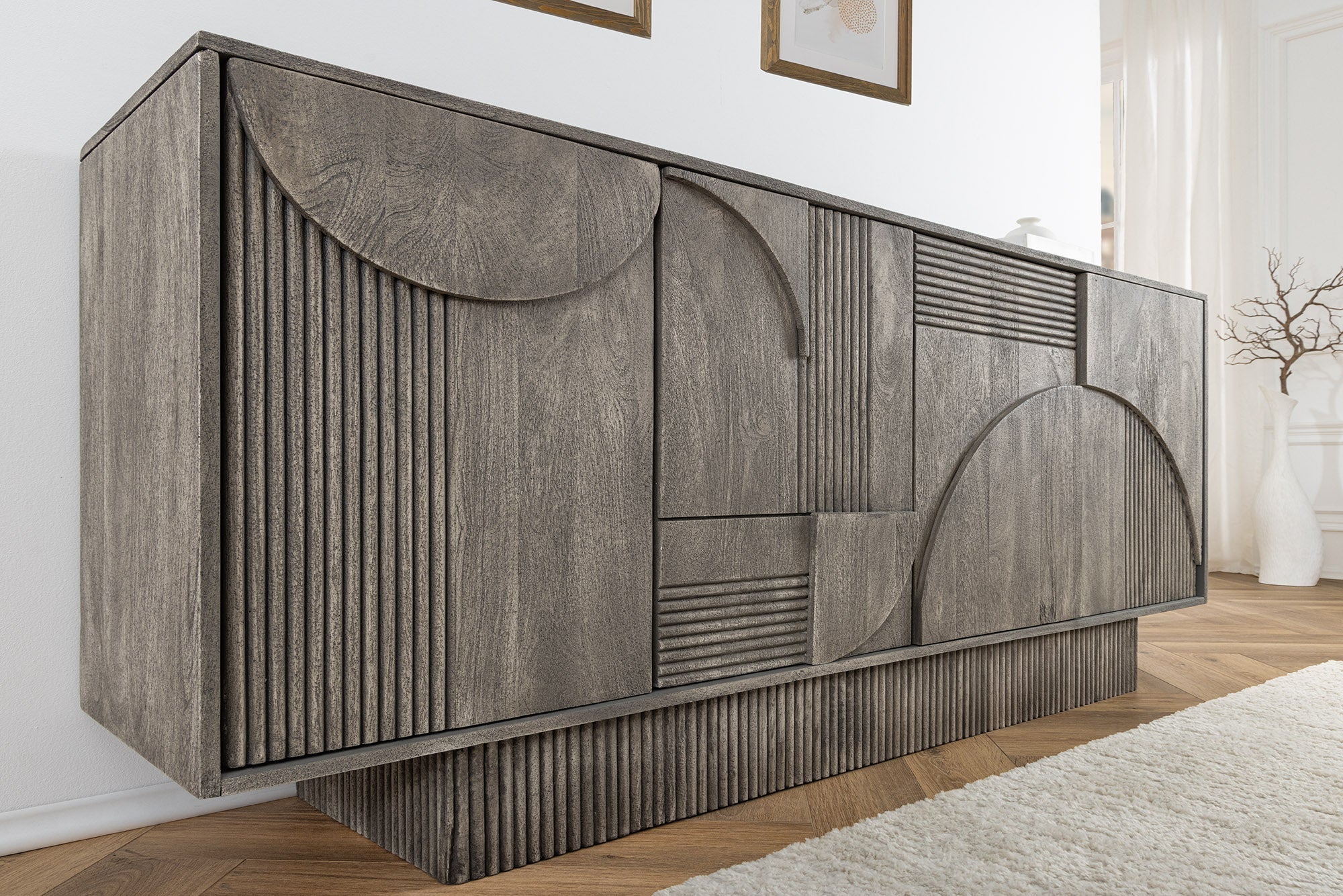 Buffet design ART DECO 170cm gris fumé en manguier massif façade 3D