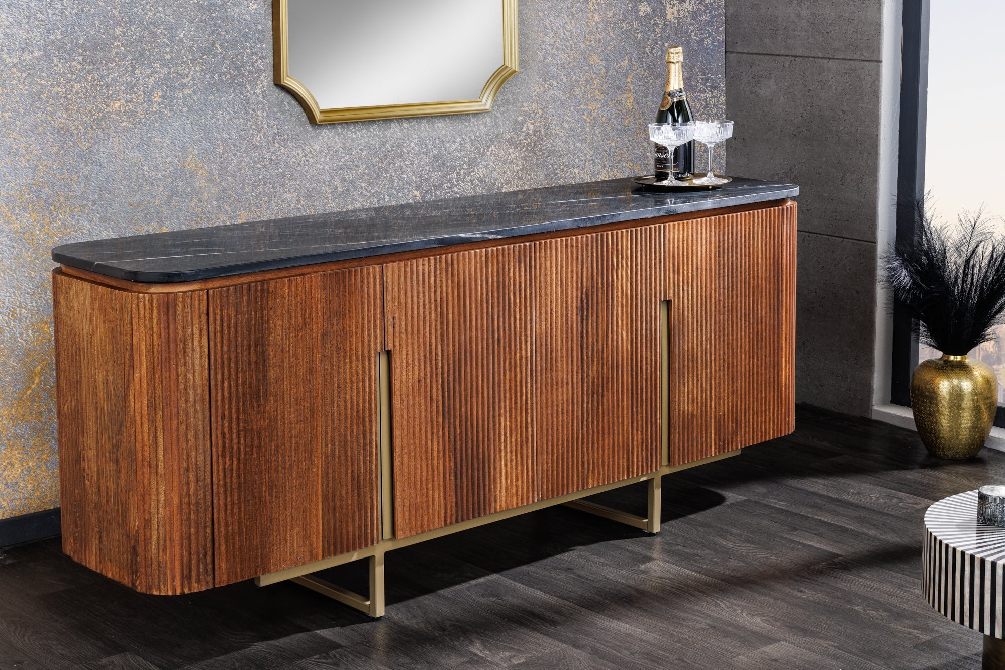 Buffet design GATSBY 160cm marron doré manguier marbre structure métal