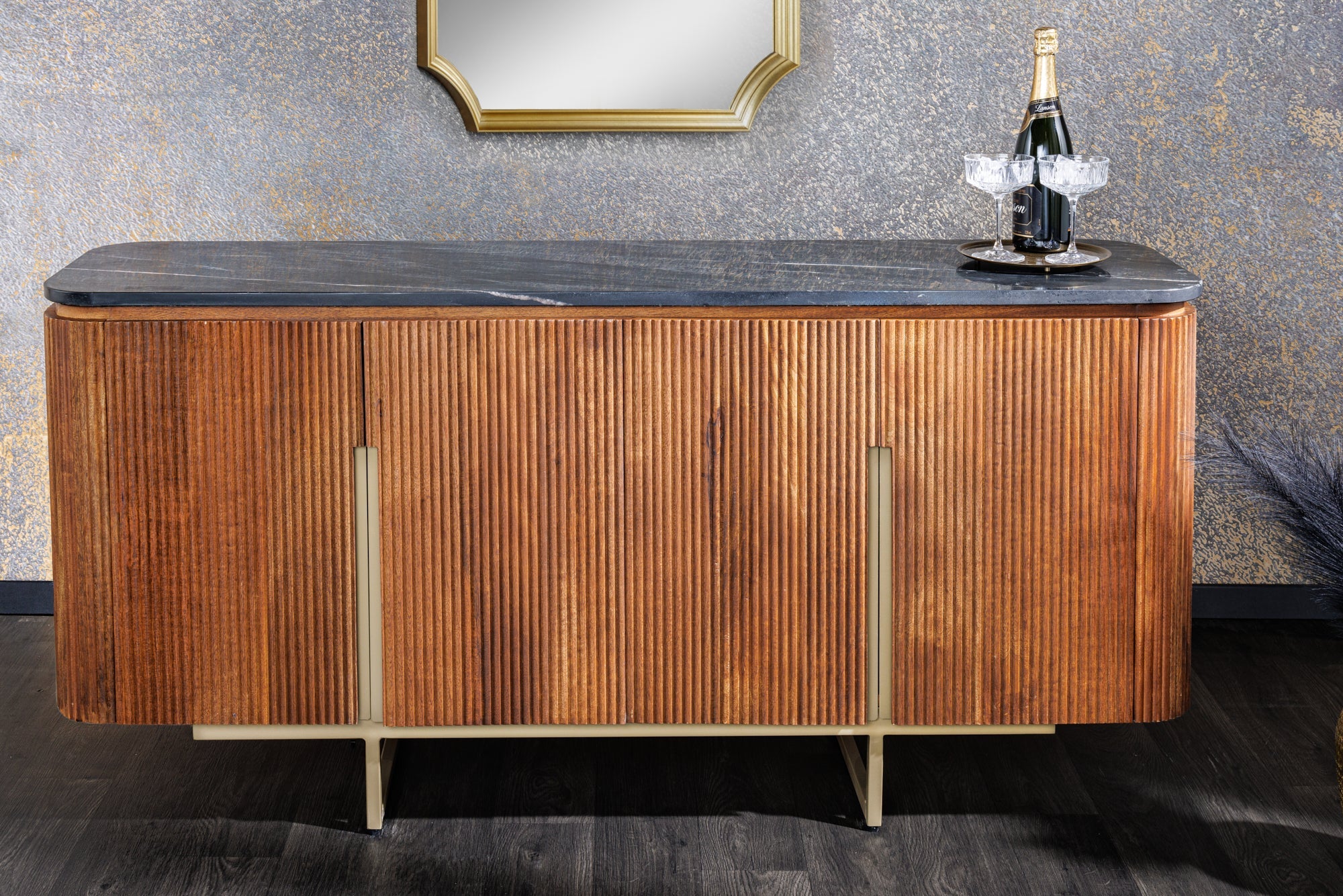 Buffet design GATSBY 160cm marron doré manguier marbre structure métal