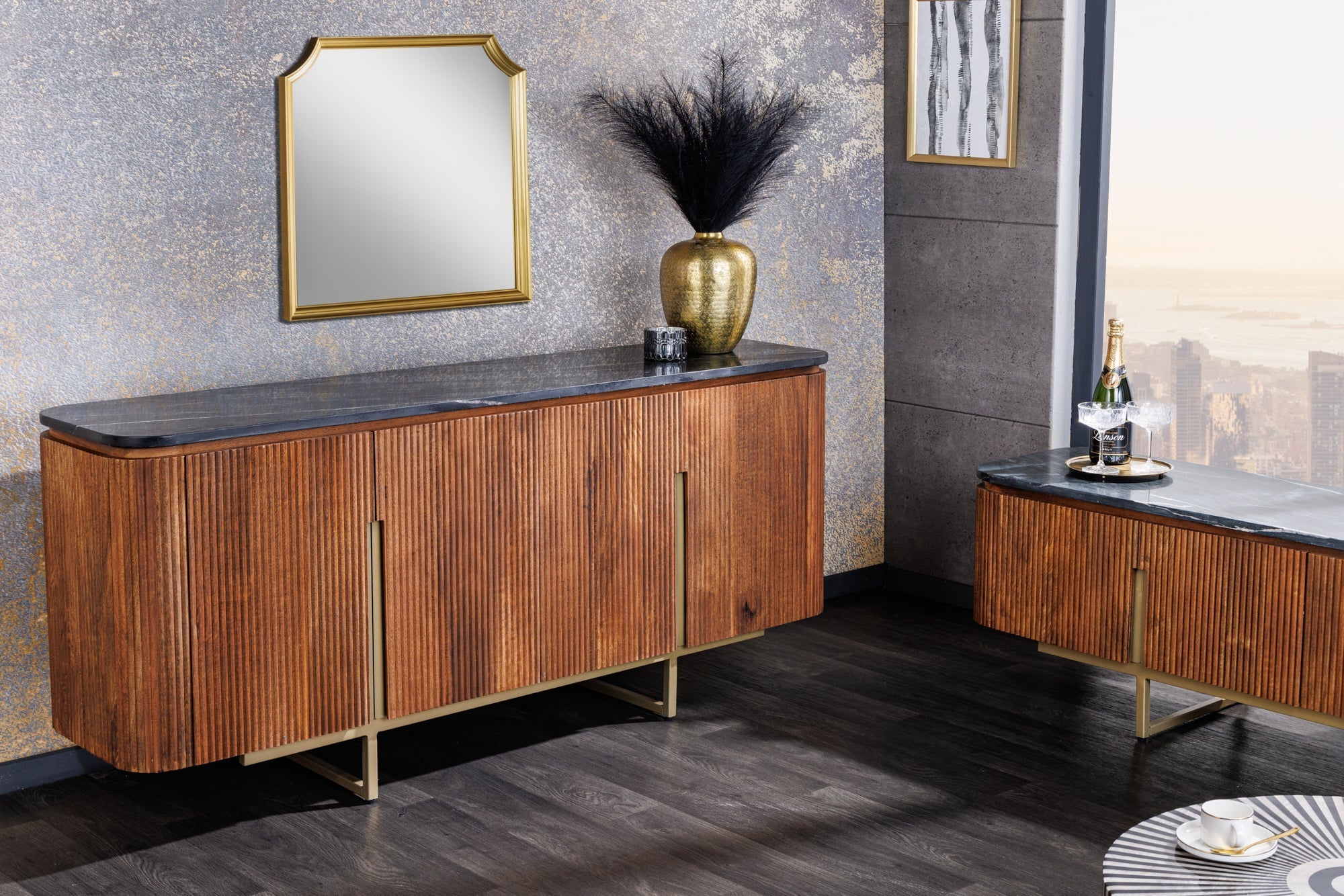 Buffet design GATSBY 160cm marron doré manguier marbre structure métal