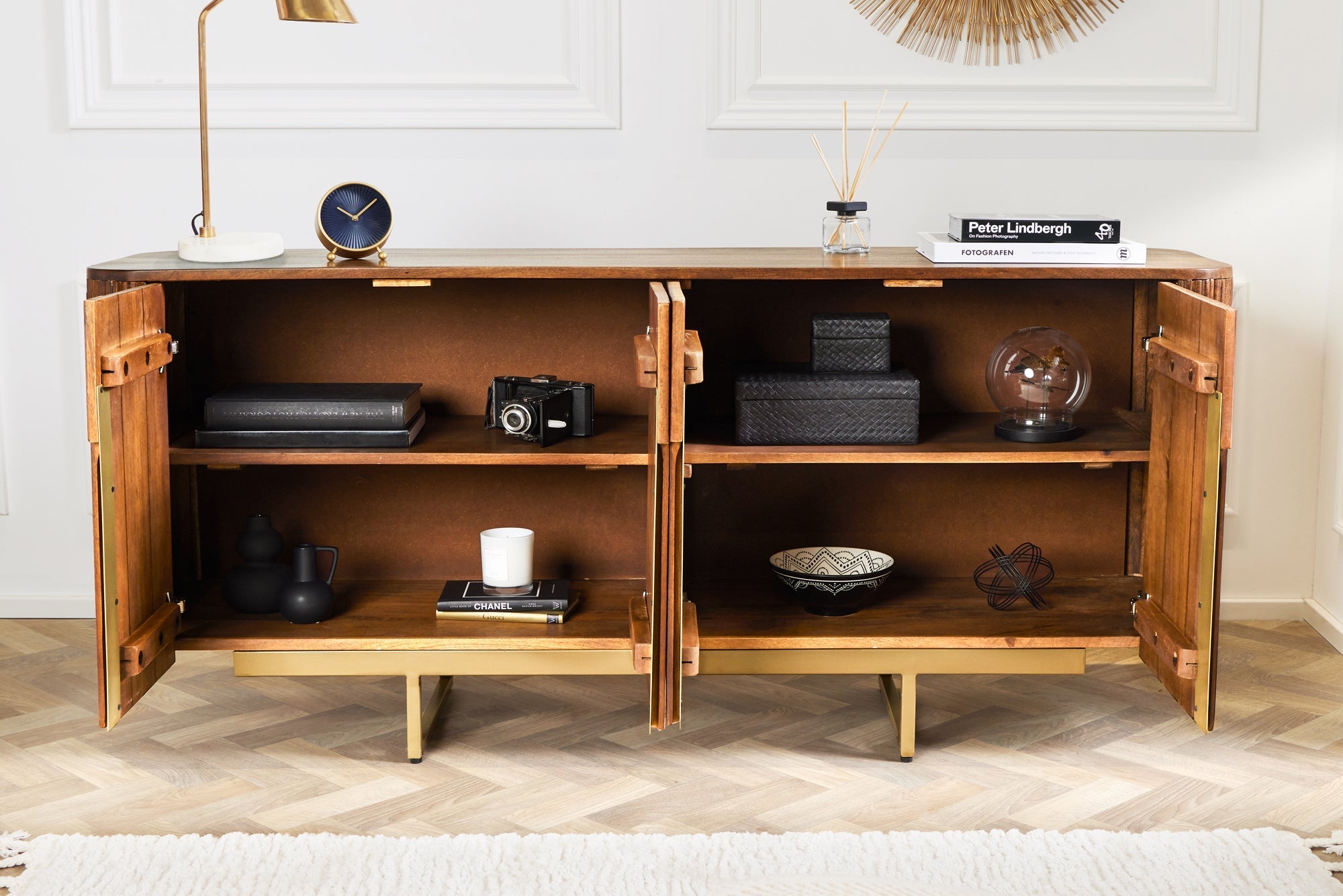Buffet design GATSBY 160cm marron mat doré bois de manguier rétro