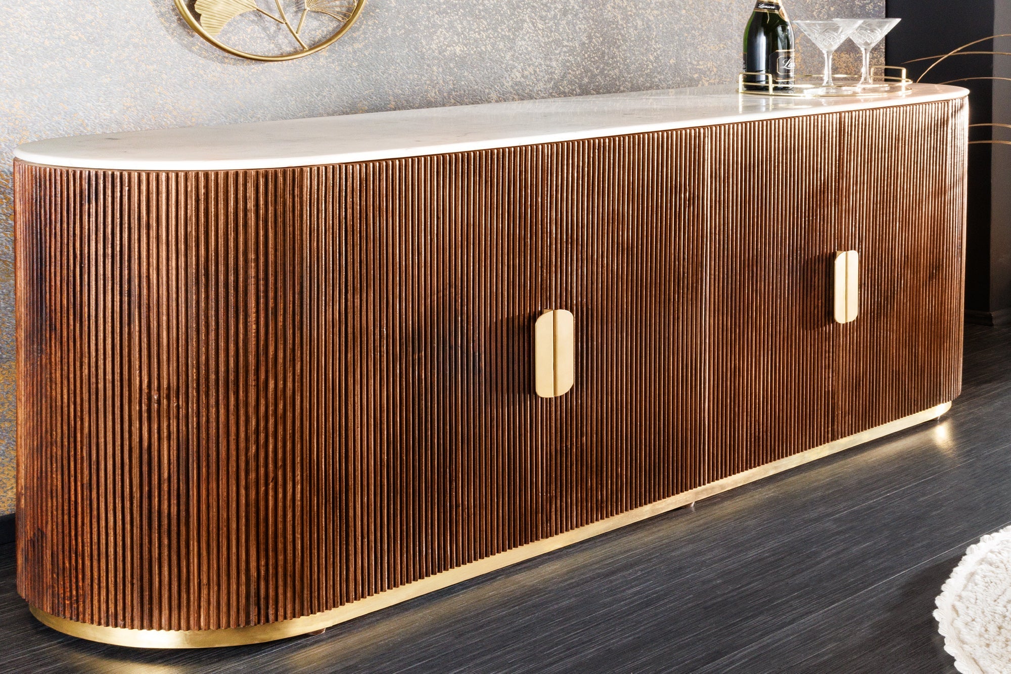 Buffet design GATSBY 170cm bois de manguier marron doré dessus marbre blanc