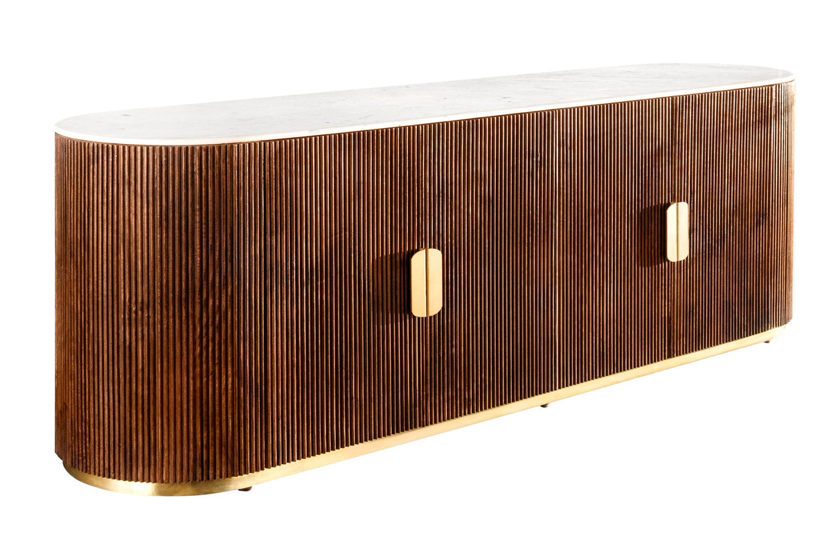 Buffet design GATSBY 170cm bois de manguier marron doré dessus marbre blanc
