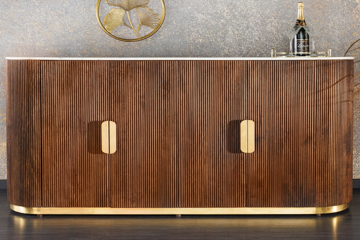 Buffet design GATSBY 170cm bois de manguier marron doré dessus marbre blanc