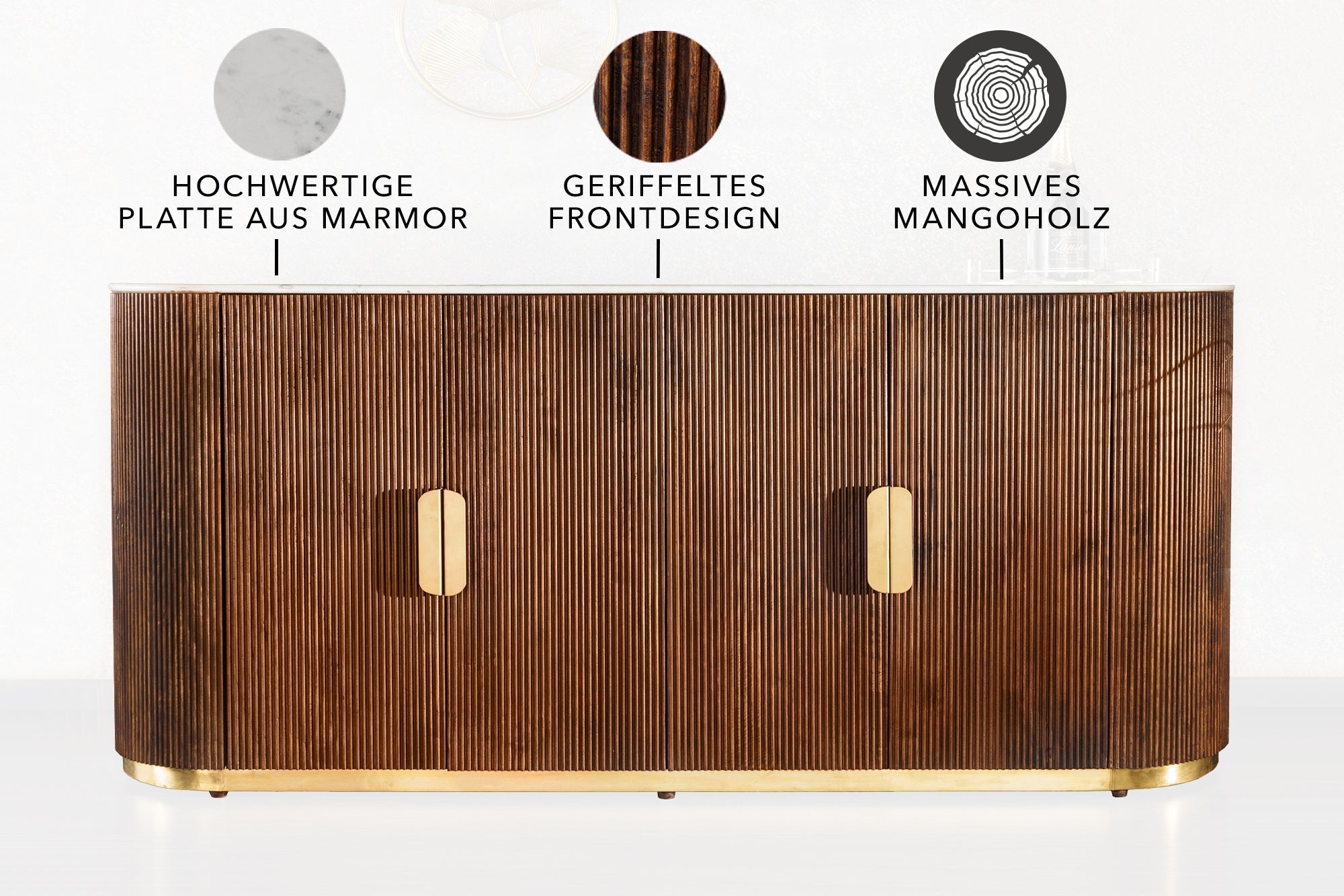 Buffet design GATSBY 170cm bois de manguier marron doré dessus marbre blanc