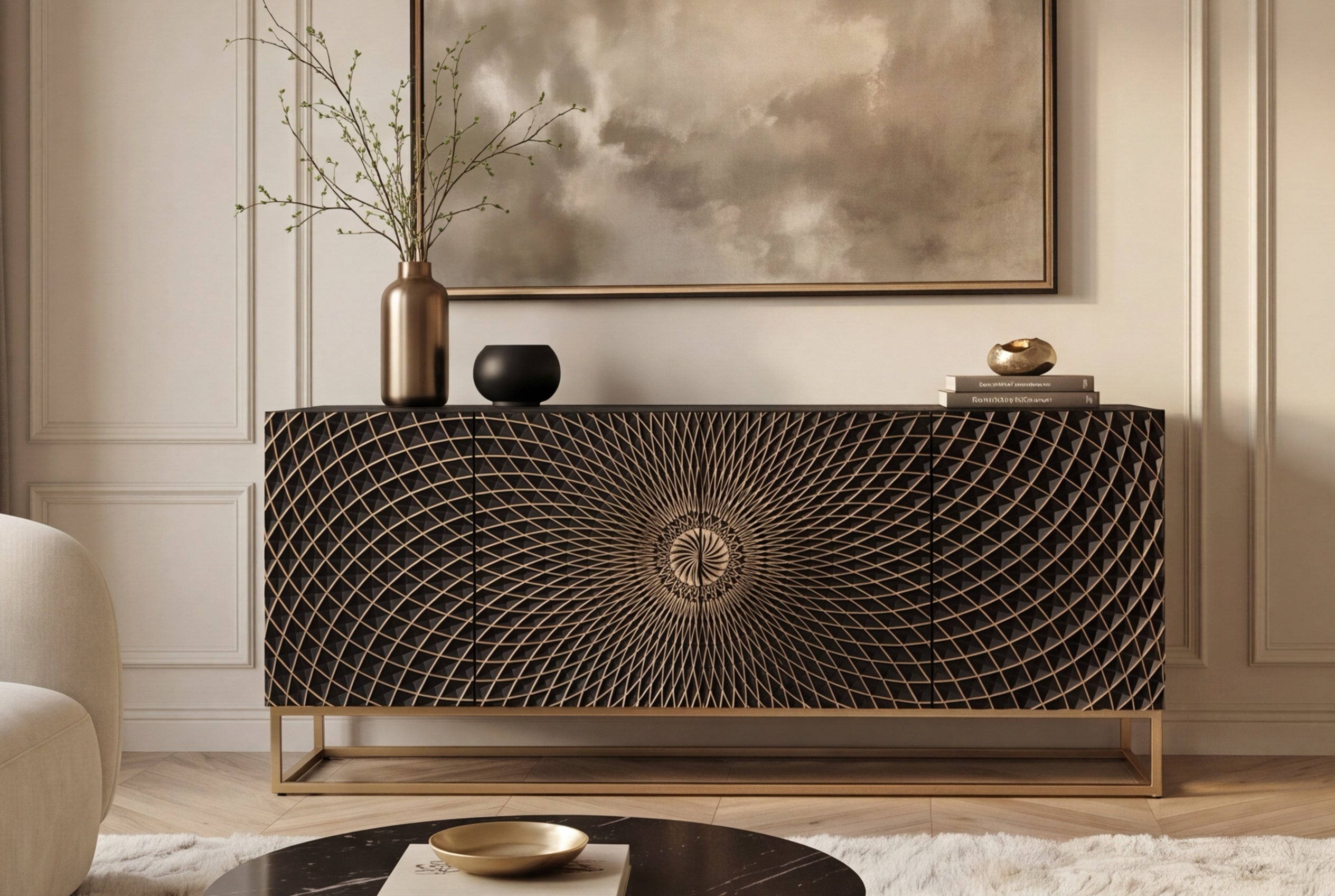 Buffet design ILLUSION 180cm en bois de manguier massif noir avec sculptures 3D structure en métal fer doré
