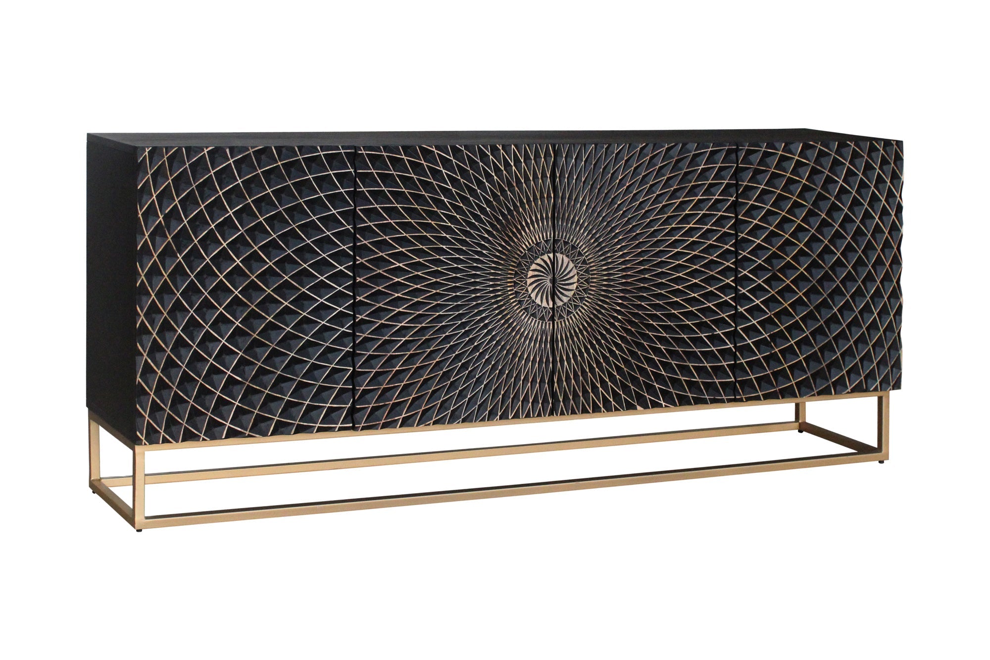 Buffet design ILLUSION 180cm en bois de manguier massif noir avec sculptures 3D structure en métal fer doré