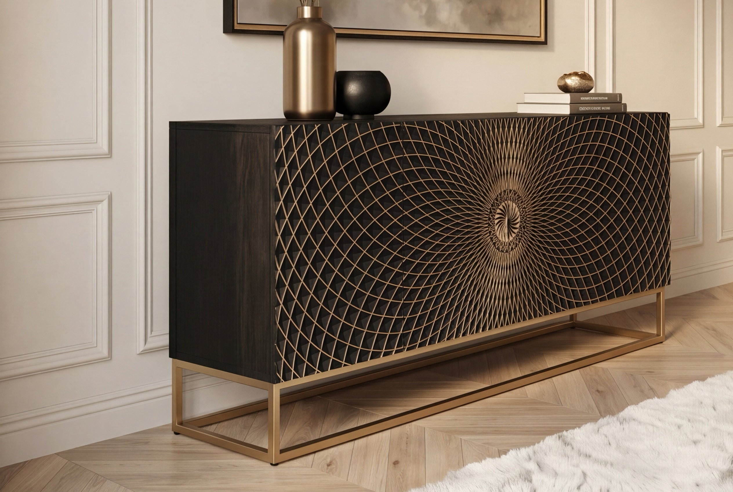 Buffet design ILLUSION 180cm en bois de manguier massif noir avec sculptures 3D structure en métal fer doré