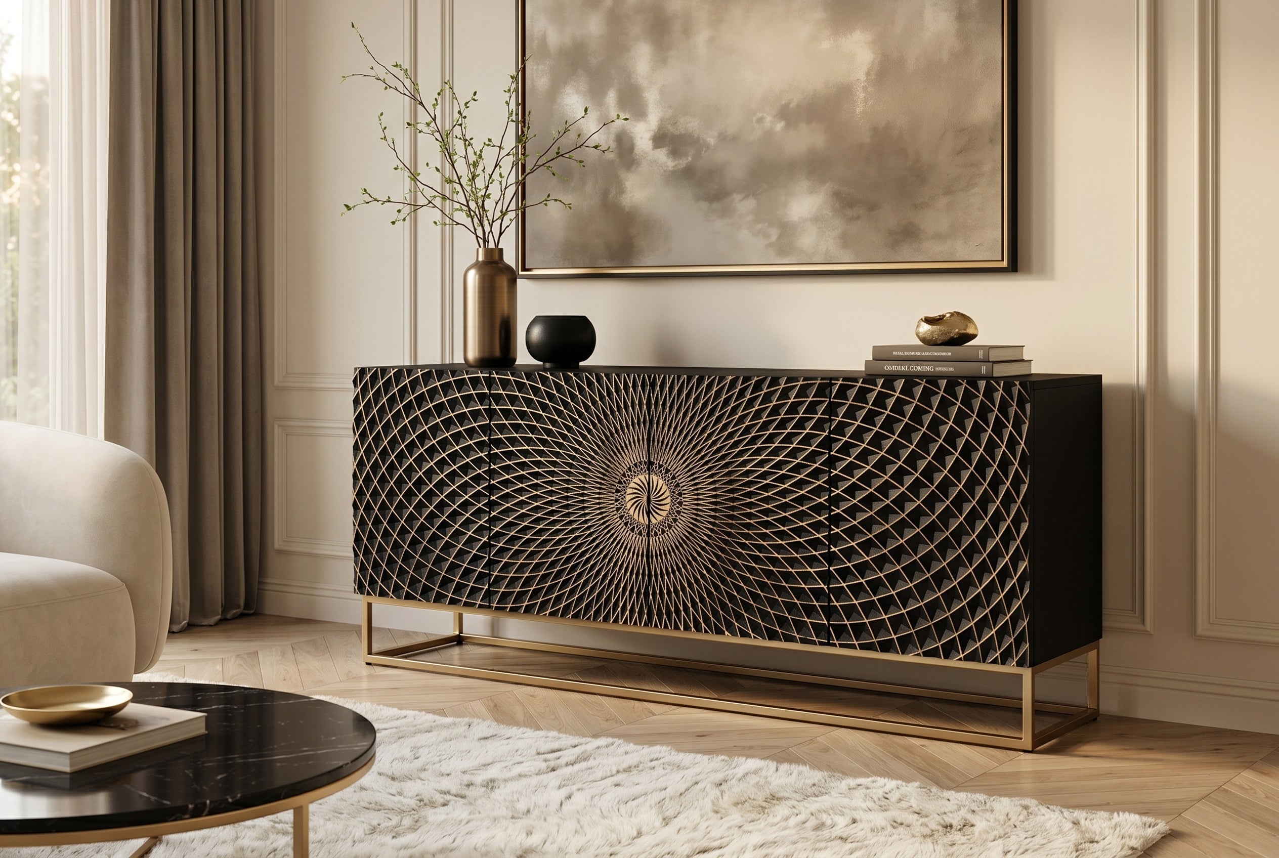 Buffet design ILLUSION 180cm en bois de manguier massif noir avec sculptures 3D structure en métal fer doré