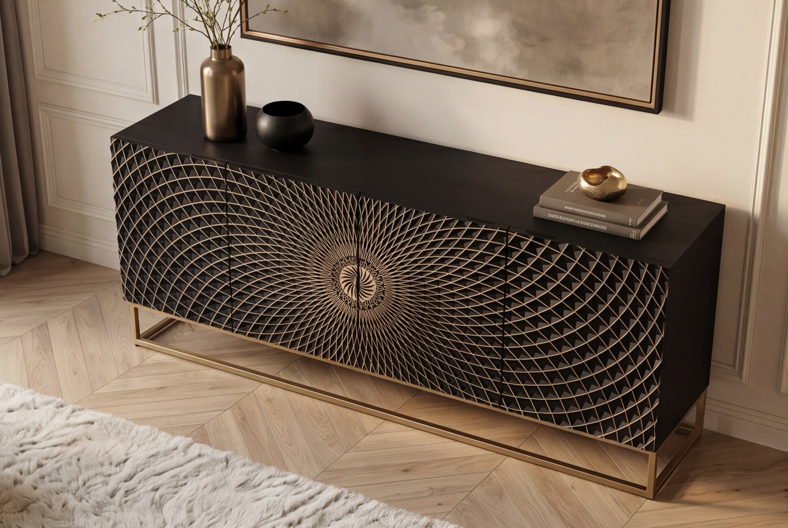 Buffet design ILLUSION 180cm en bois de manguier massif noir avec sculptures 3D structure en métal fer doré