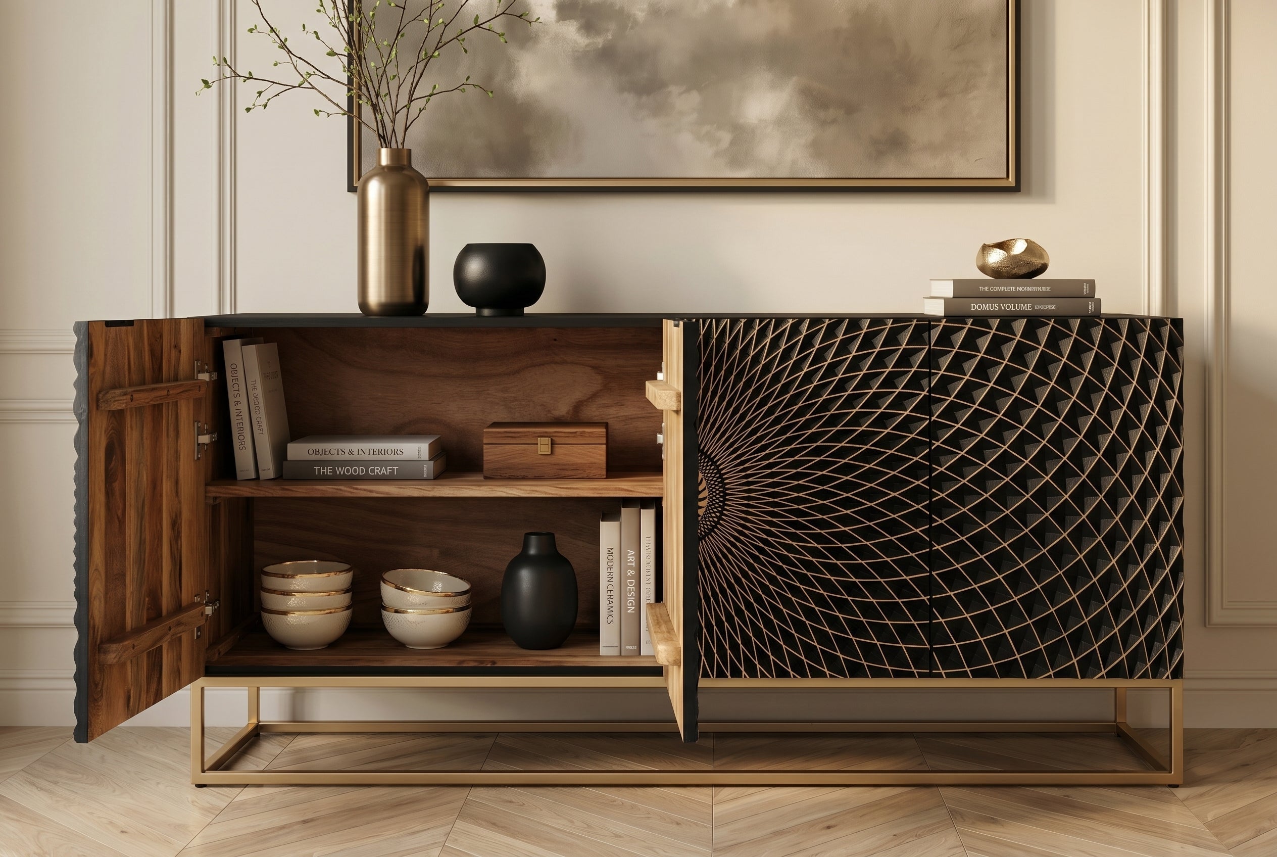 Buffet design ILLUSION 180cm en bois de manguier massif noir avec sculptures 3D structure en métal fer doré