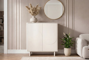 Buffet design SAVOY 130cm cachemire marbre blanc céramique avec rangements et façade 3D