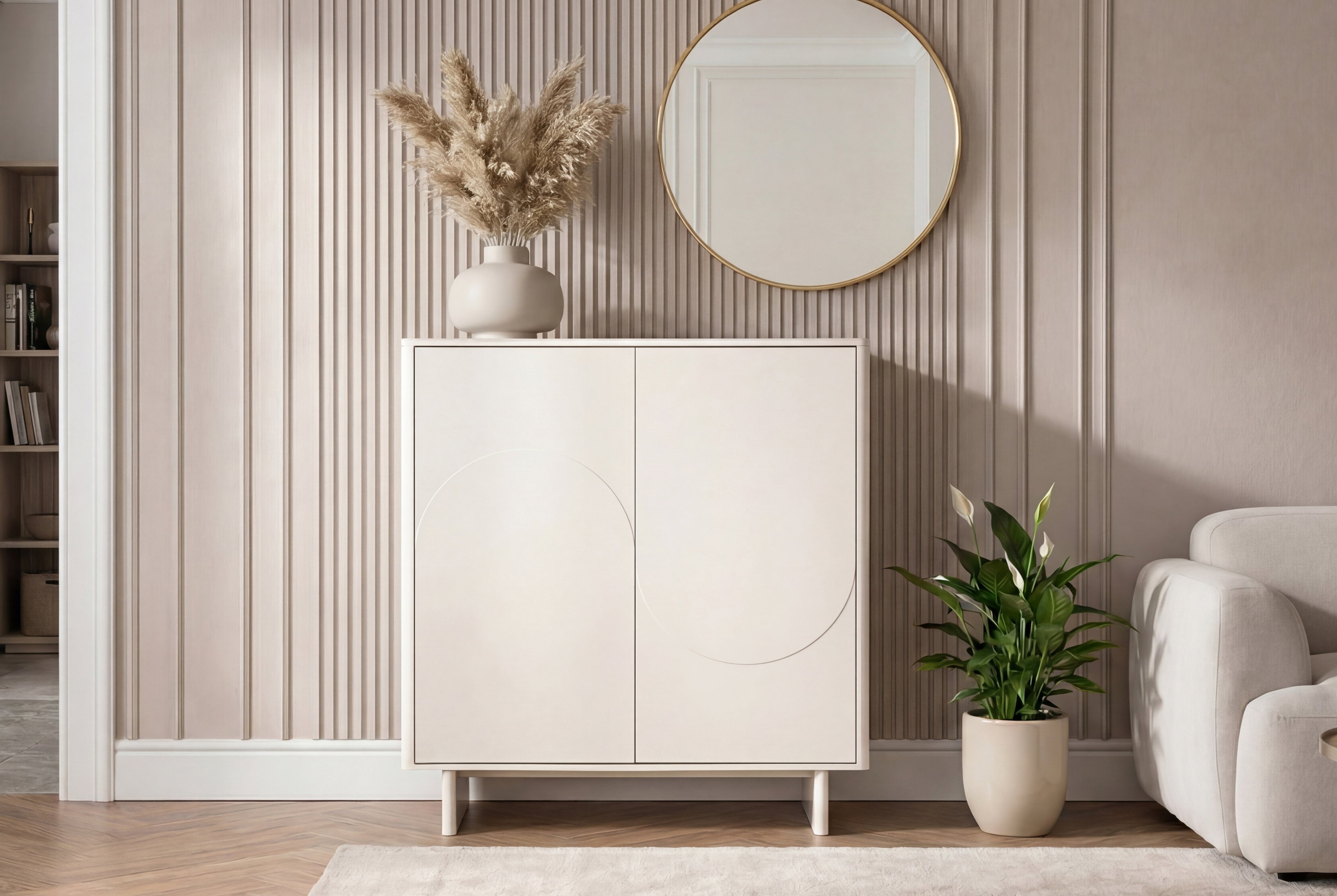 Buffet design SAVOY 130cm cachemire marbre blanc céramique avec rangements et façade 3D