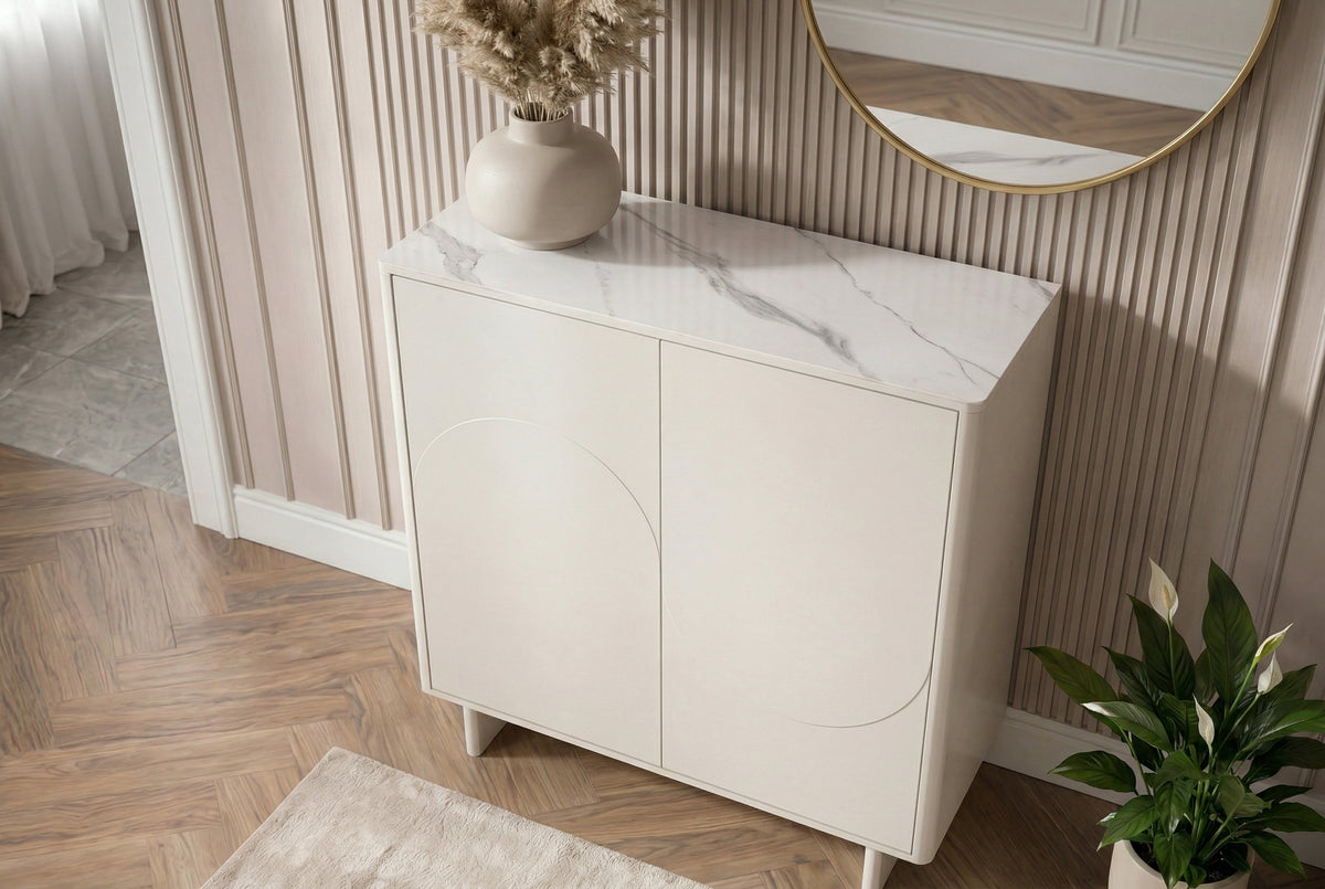 Buffet design SAVOY 130cm cachemire marbre blanc céramique avec rangements et façade 3D